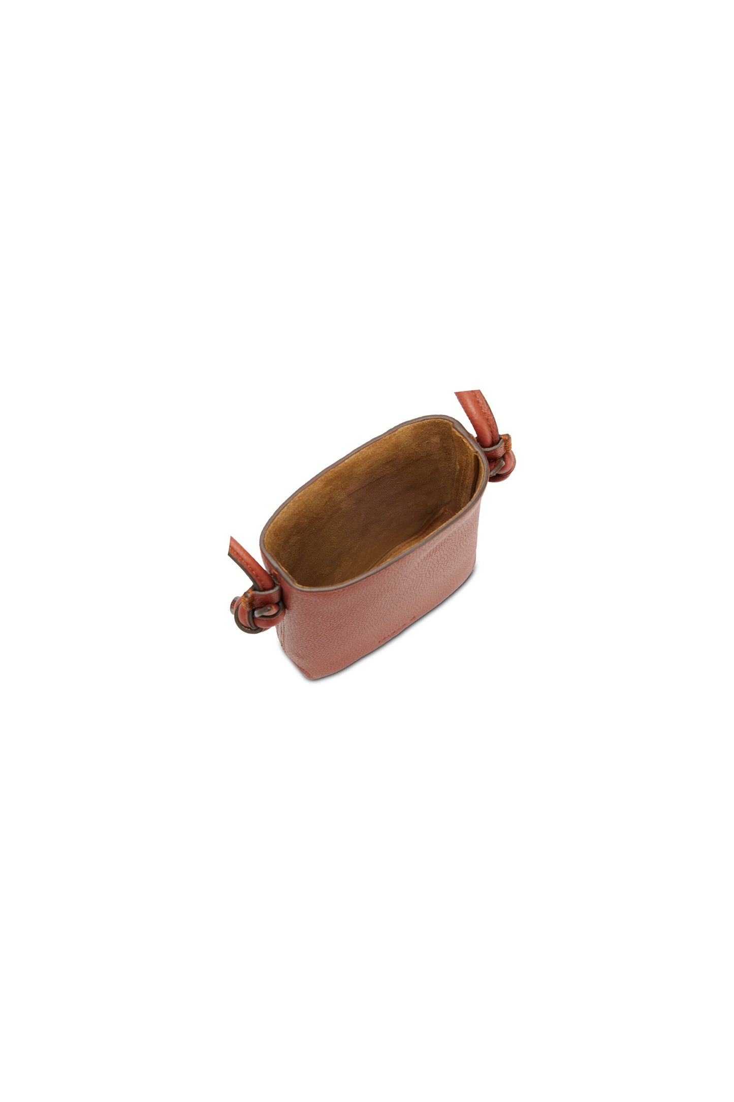 Top view of the brown leather shoulder bag displaying the opening and strap details on a light background.