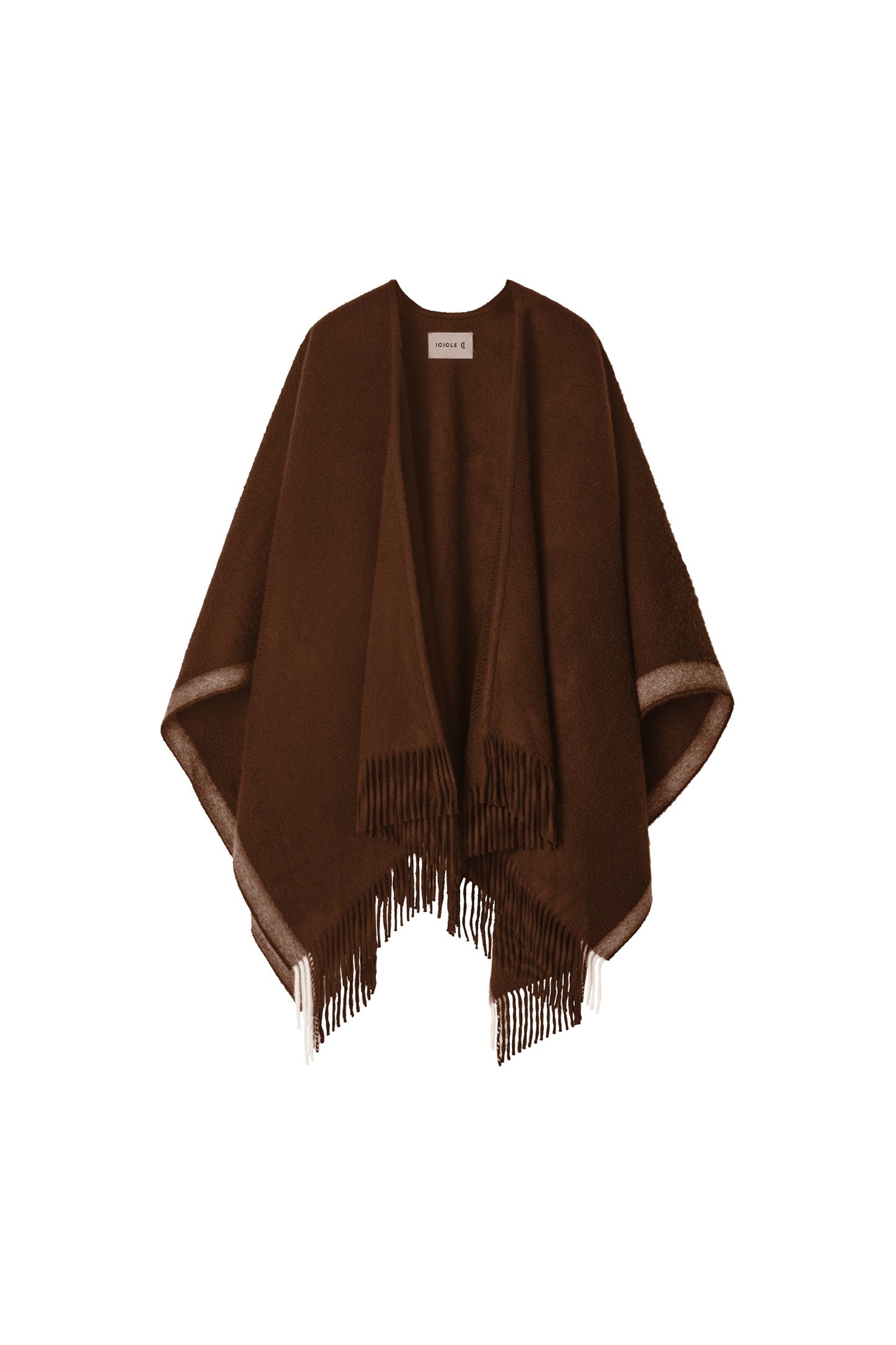 Brown wool and cashmere shawl with fringed edges displayed on a plain background.