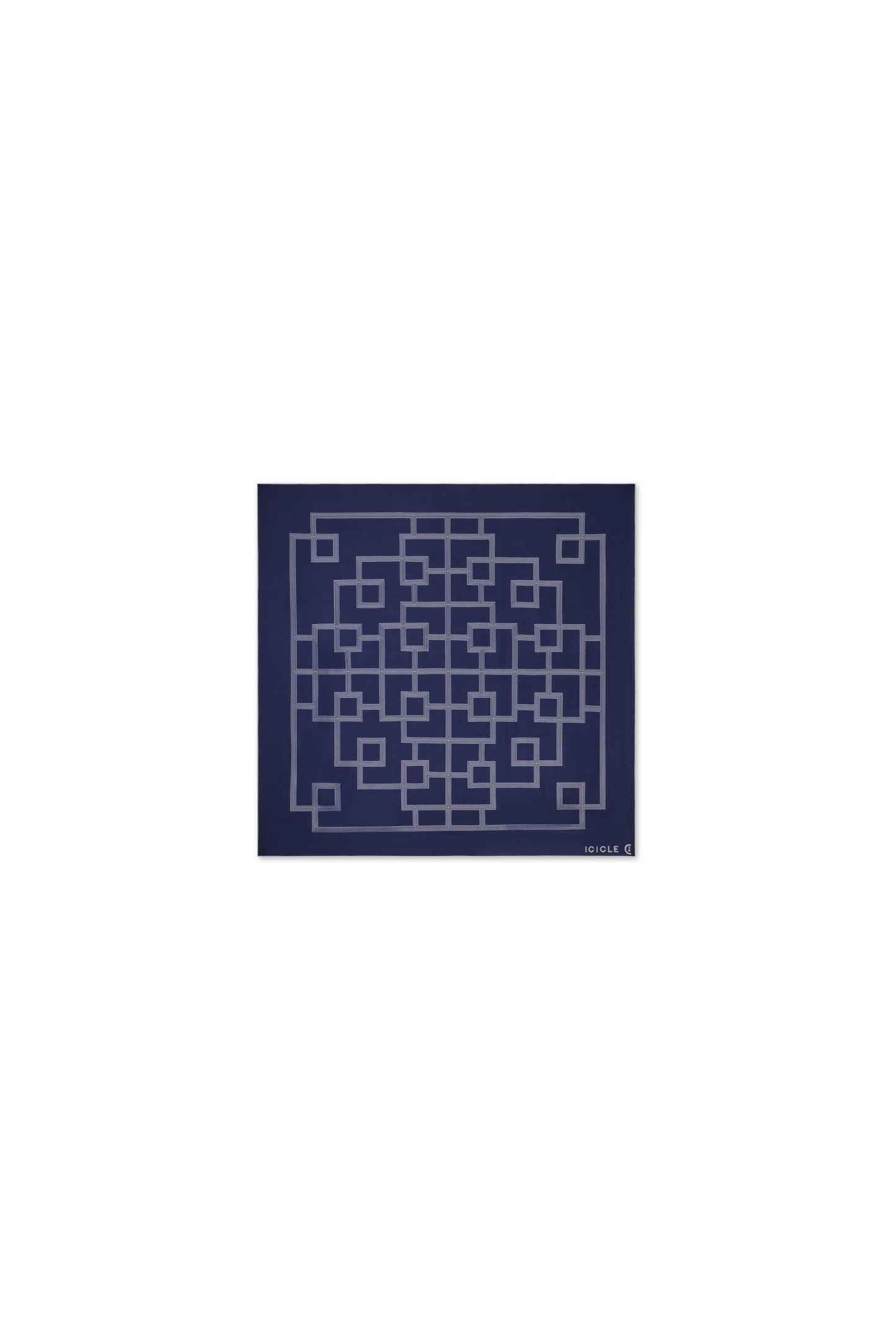 Flat view of the scarf displaying the full geometric pattern and deep navy tone.