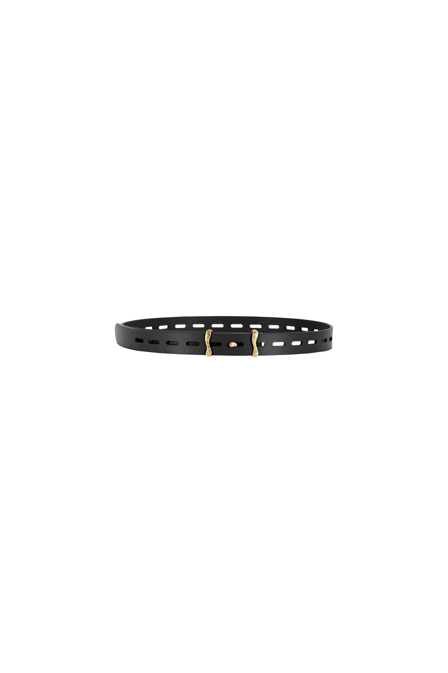 Flat lay product view of the slim black calf leather belt placed horizontally, showing the elongated perforations, smooth leather surface, precise edge finishing and sculptural brass buckle with a matte antique gold finish
