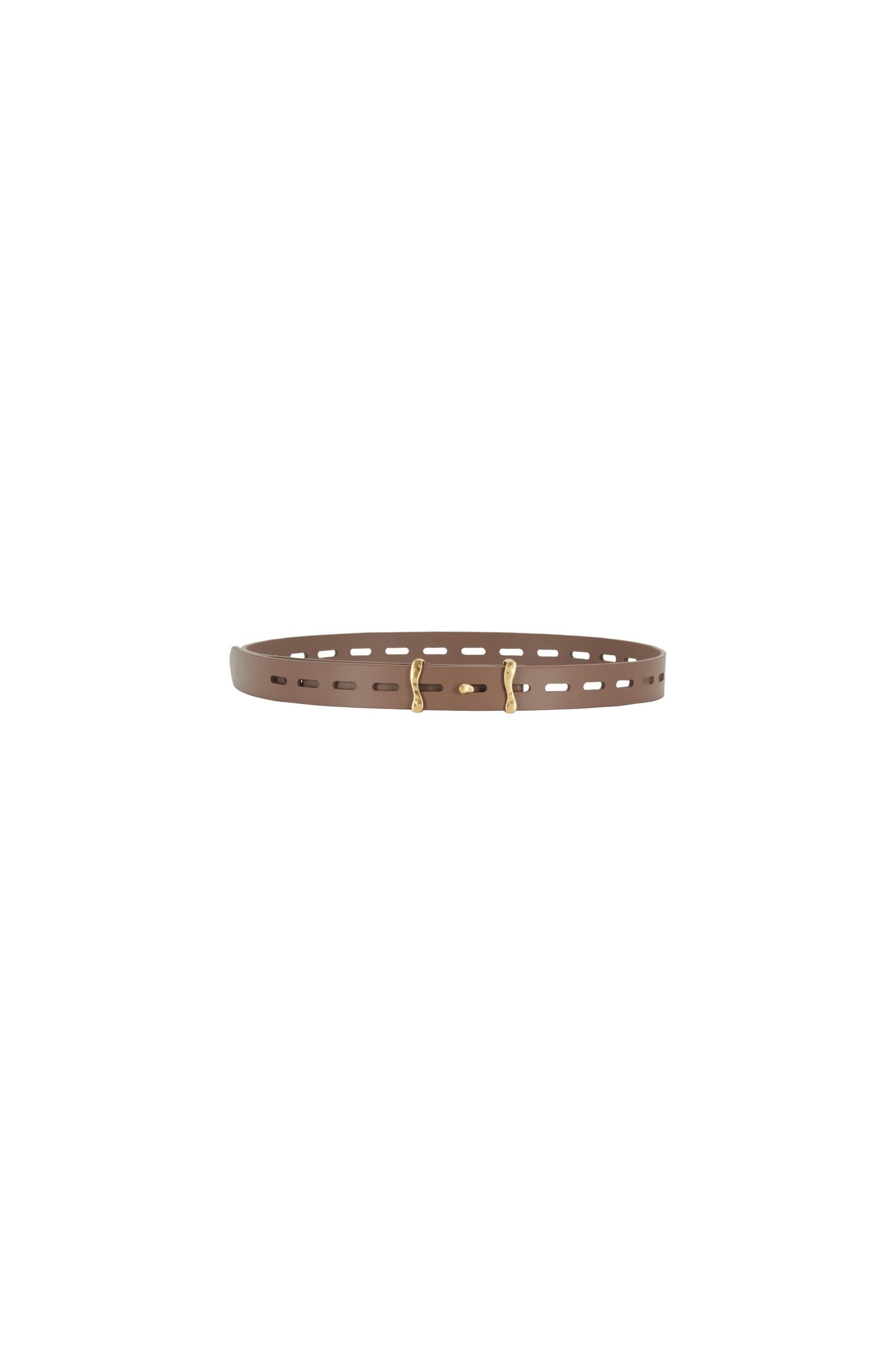 Flat lay product view of the slim brown calf leather belt placed horizontally, highlighting the even strap width, elongated perforations forming a regular linear rhythm, smooth surface with a lightly structured finish, clean edge painting and sculptural antique gold-tone brass buckle