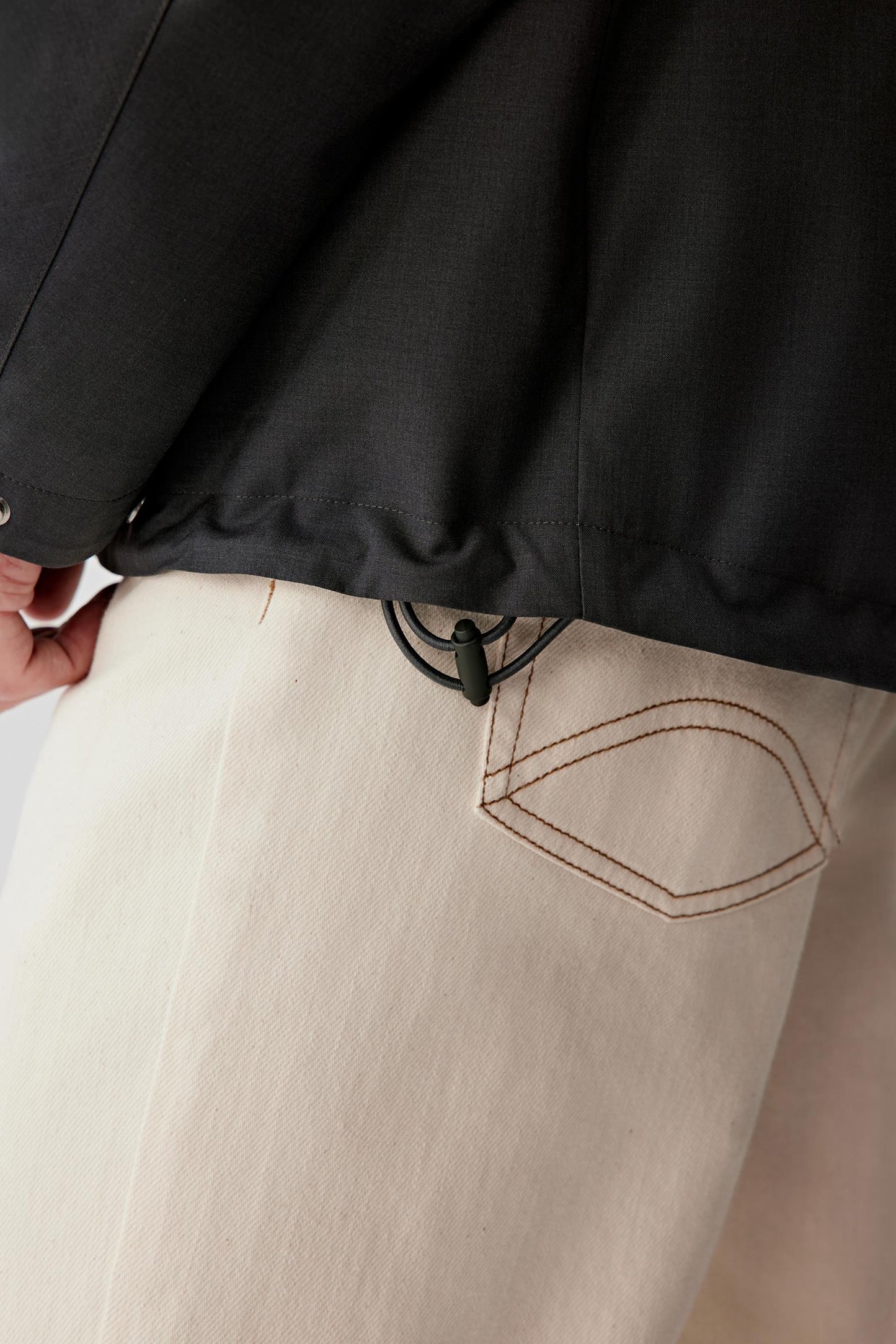 Detail of the side pocket and sleeve finish.