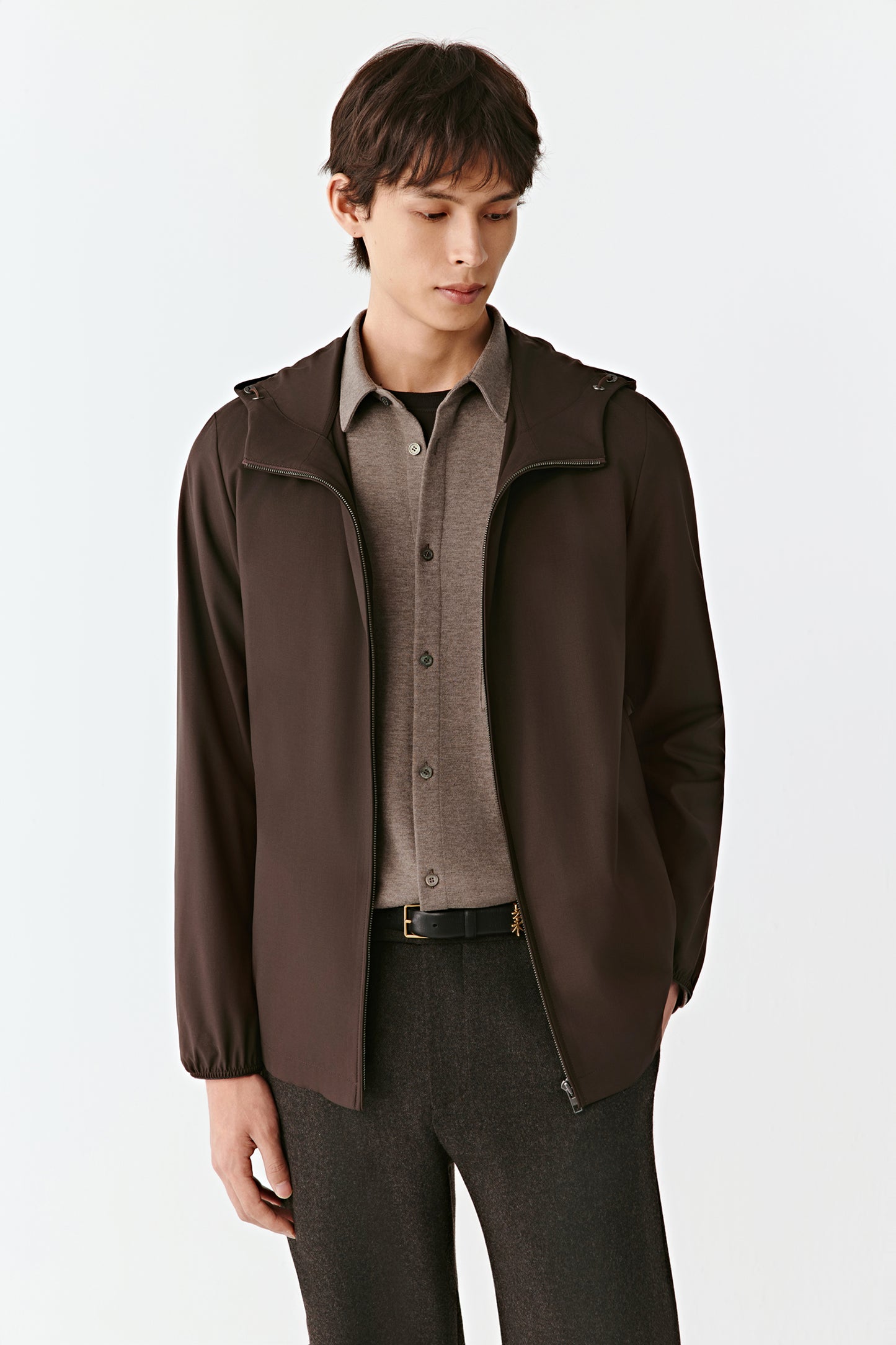 Hooded Jacket in Light Worsted Wool and Silk