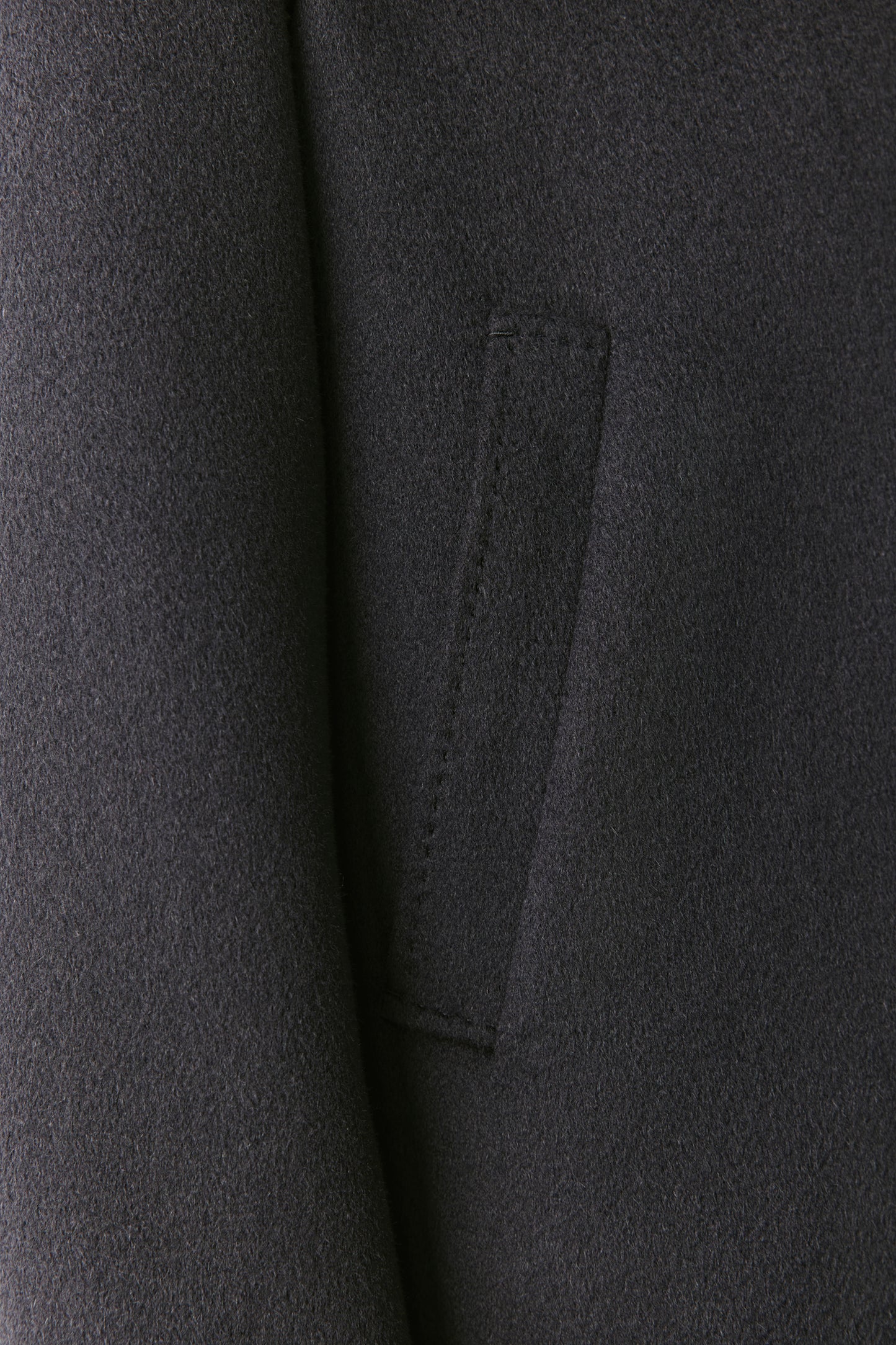 Close-up of a dark gray coat with a pocket detail