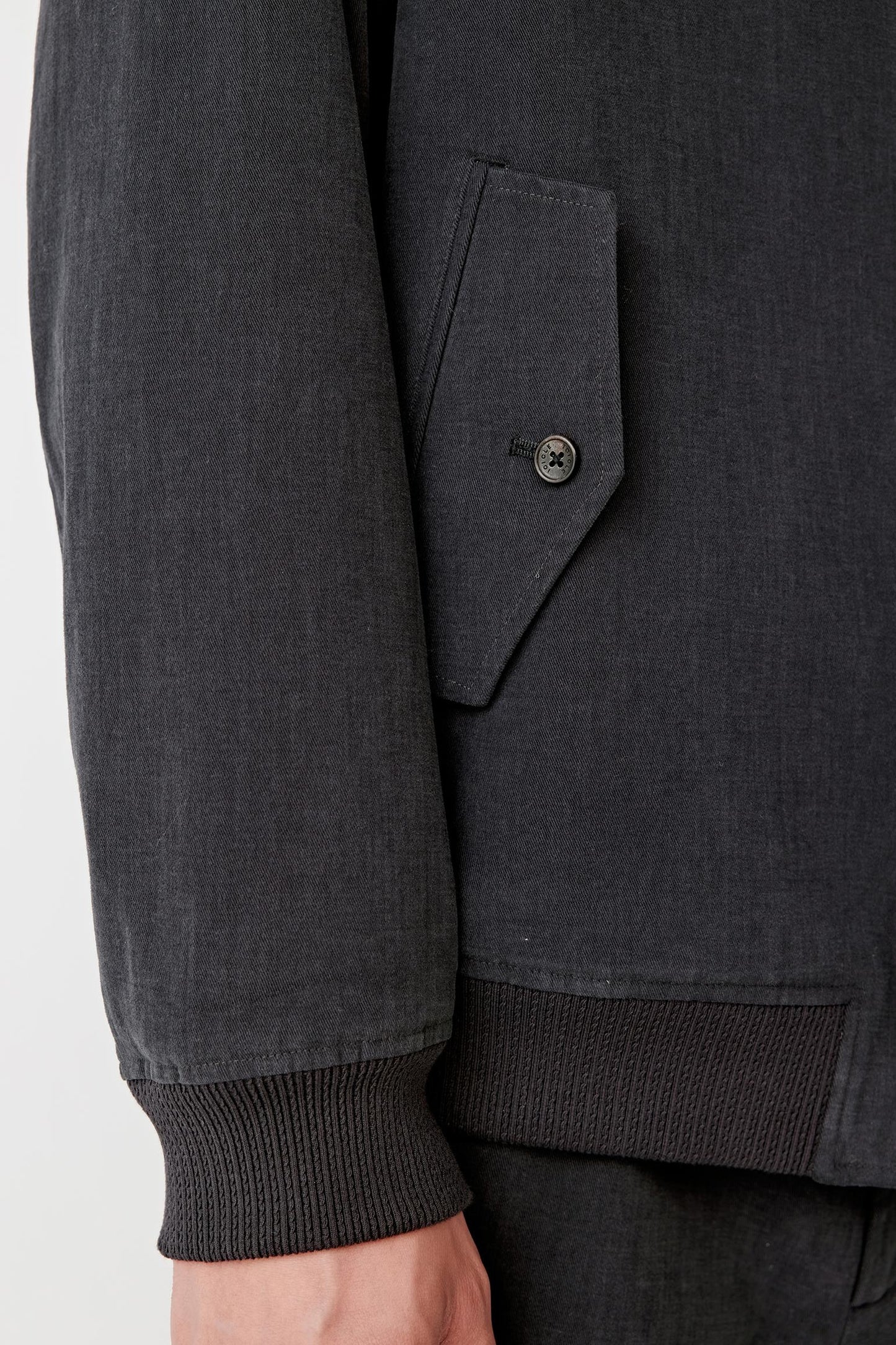 Close-up of the cuff and twill weave texture.