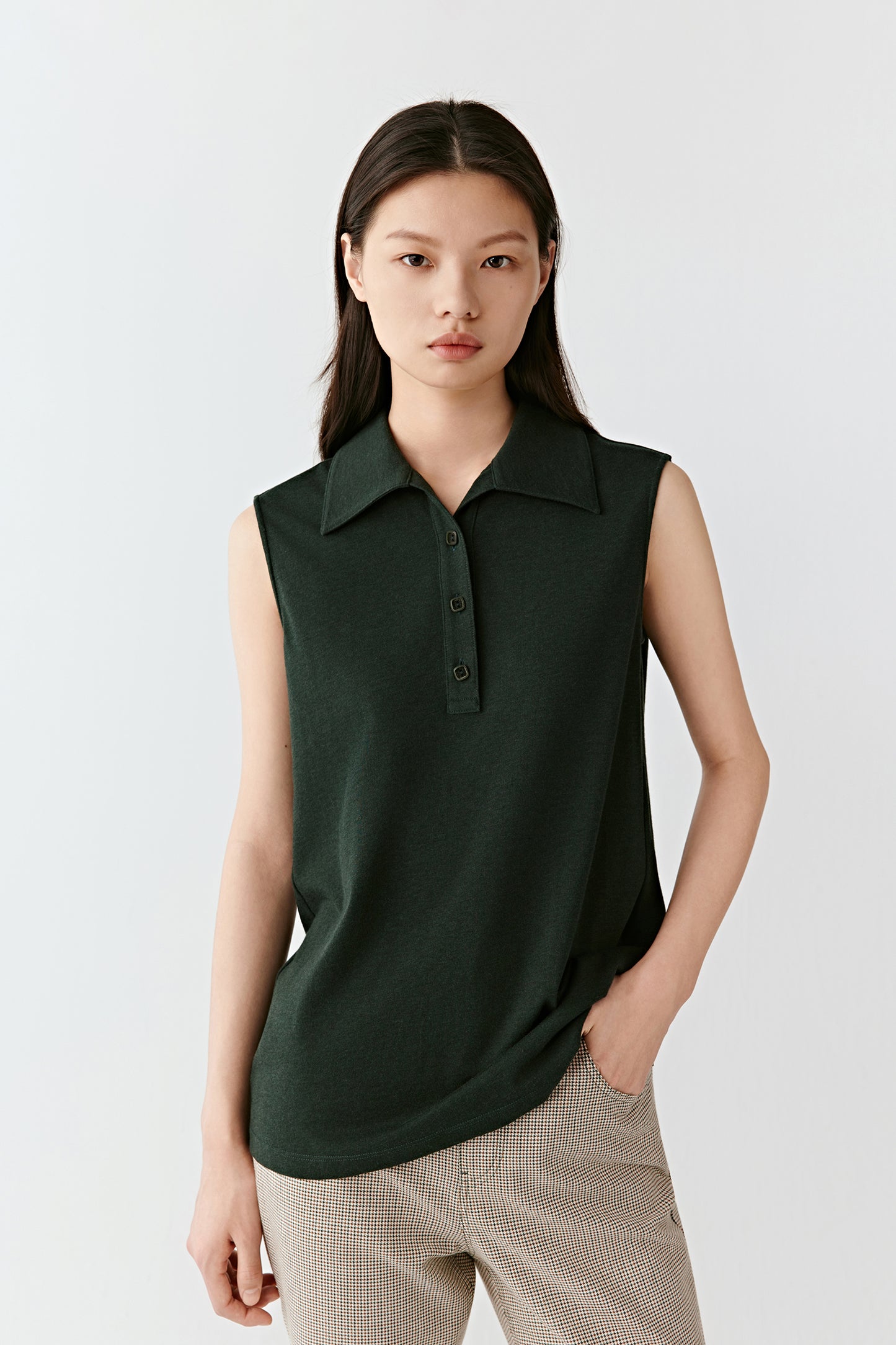 Sleeveless Polo Top in Cotton, Wool and Silk