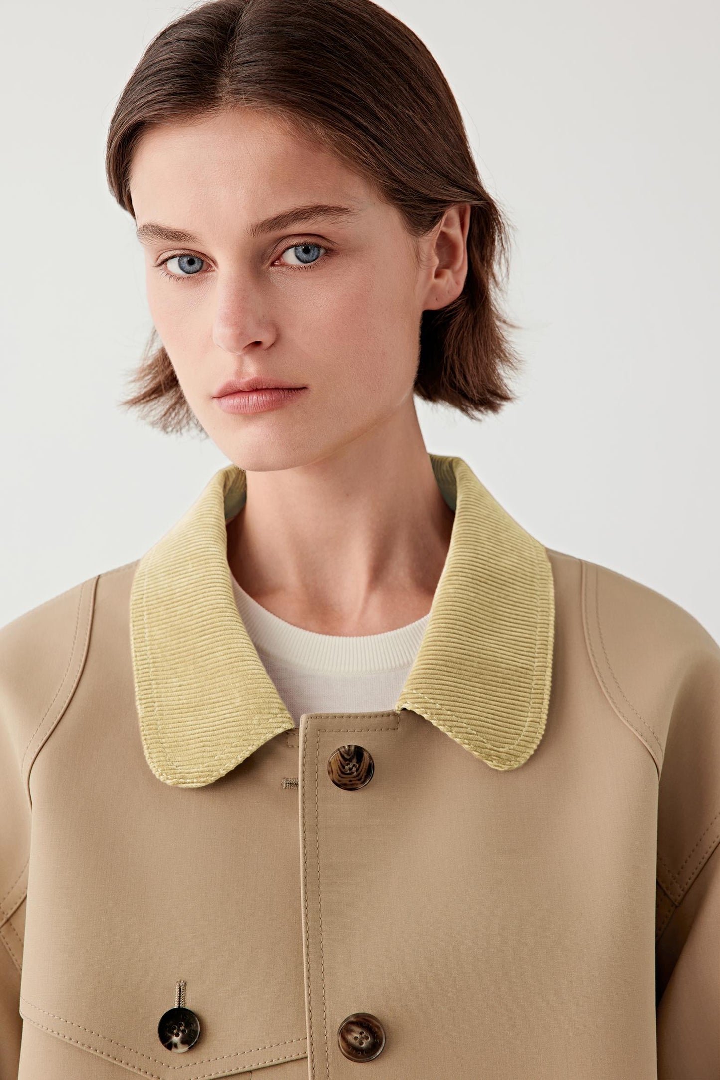 Close-up of the collar and button detail.