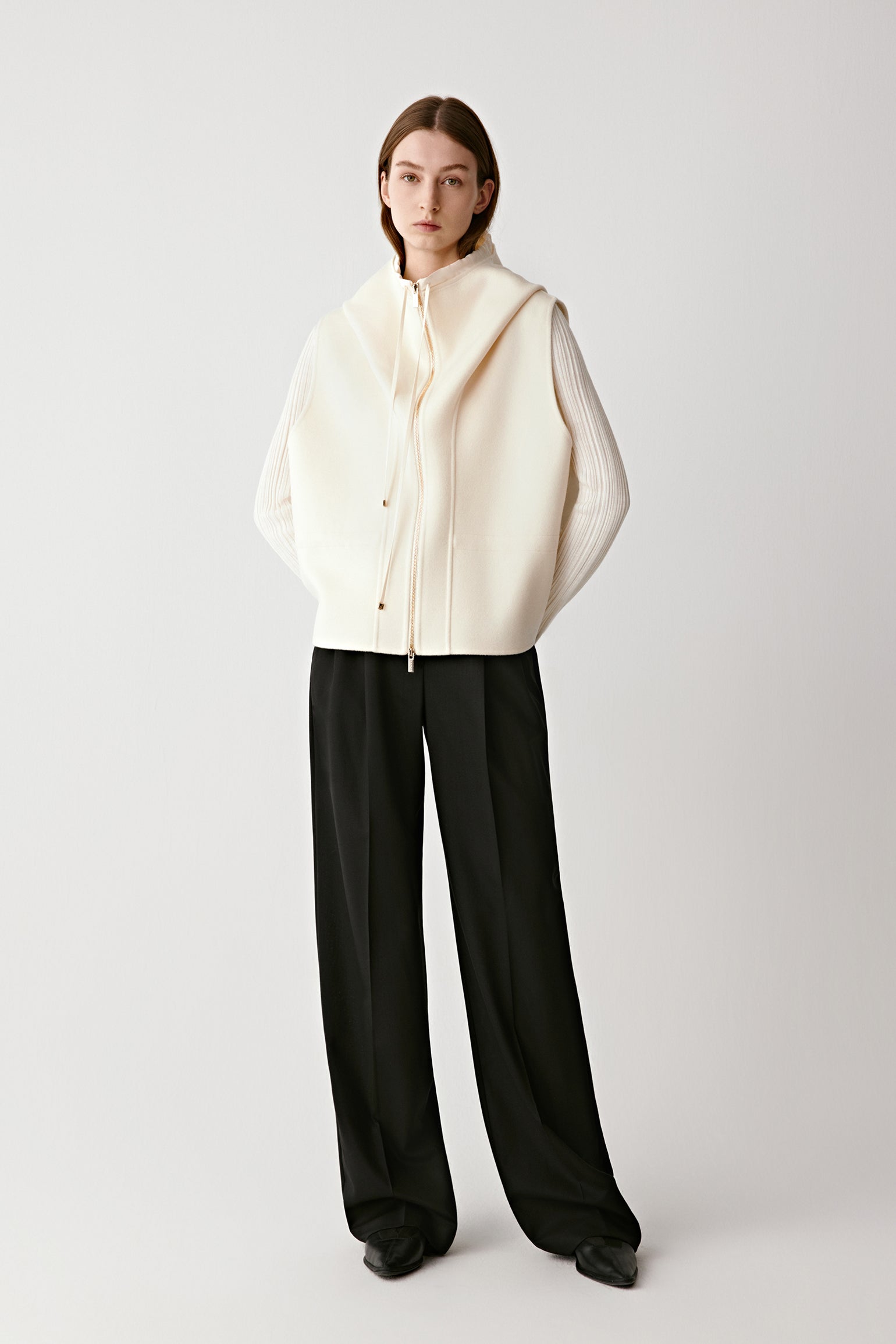 Front view showing the smooth double-faced fabric and the cut.