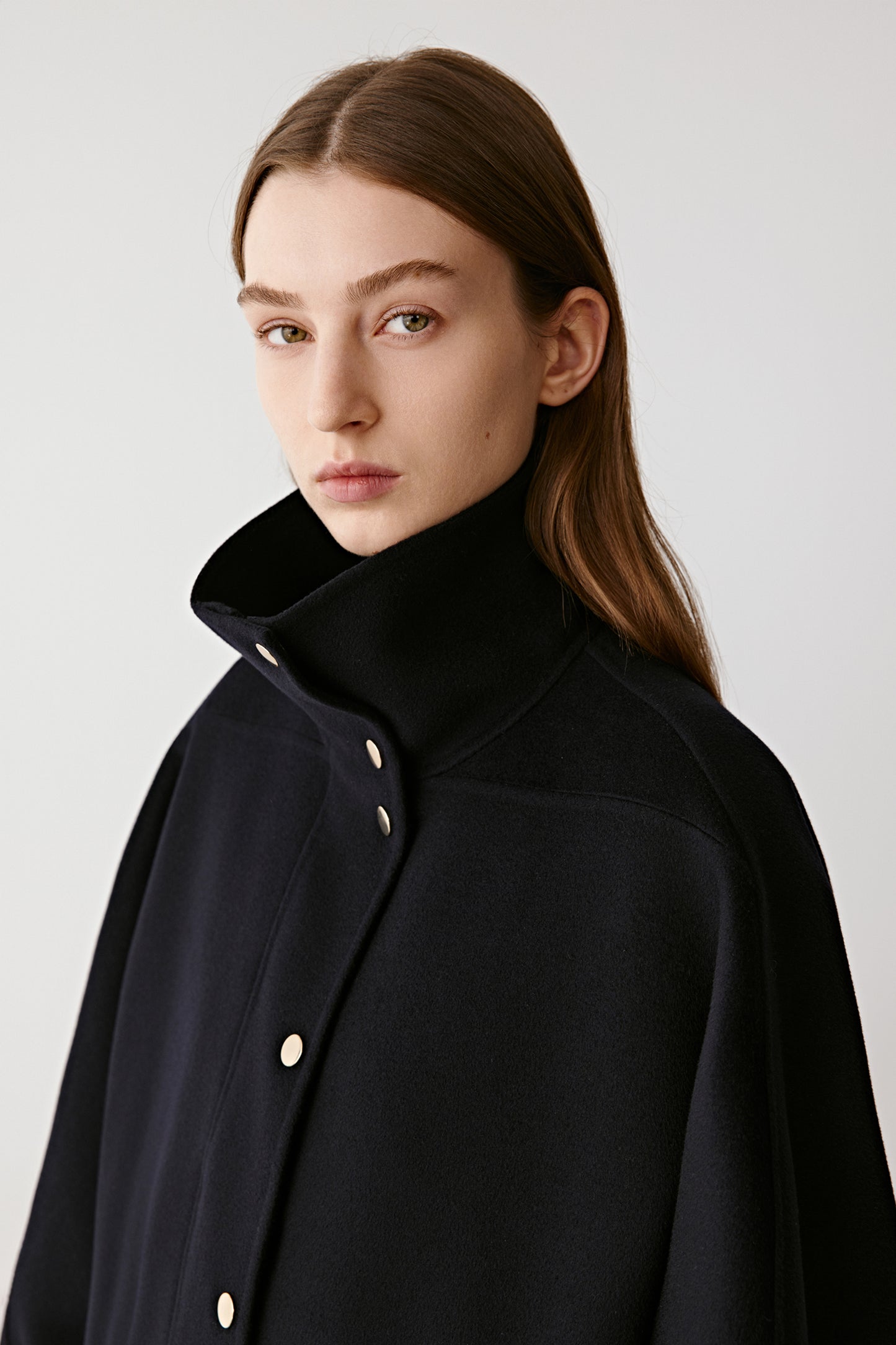 Stand-Collar Coat in Double-Faced Wool and Silk
