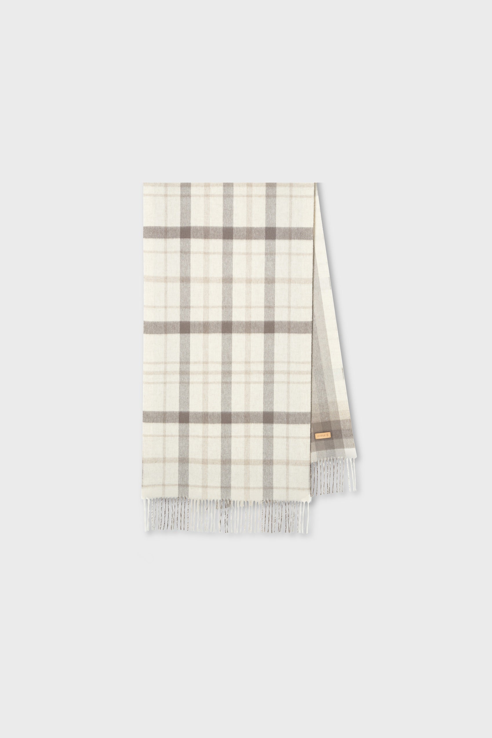 Checkered scarf with a brand logo on a light gray background
