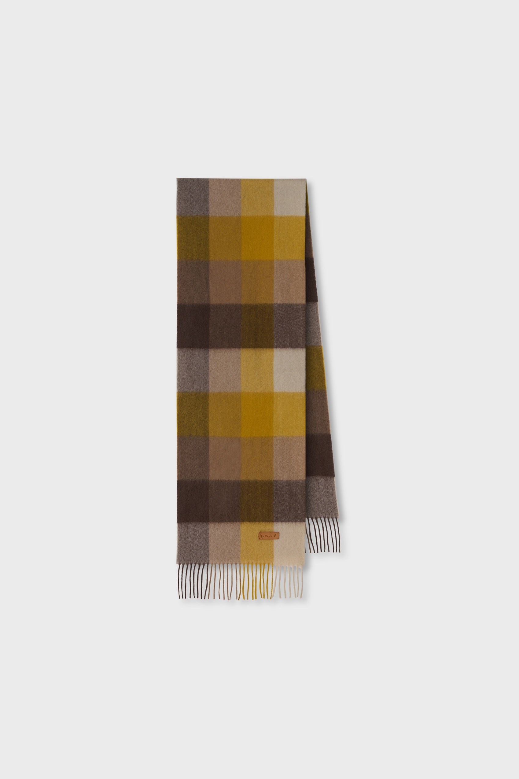 Plaid scarf with brown, beige, and yellow colors on a white background