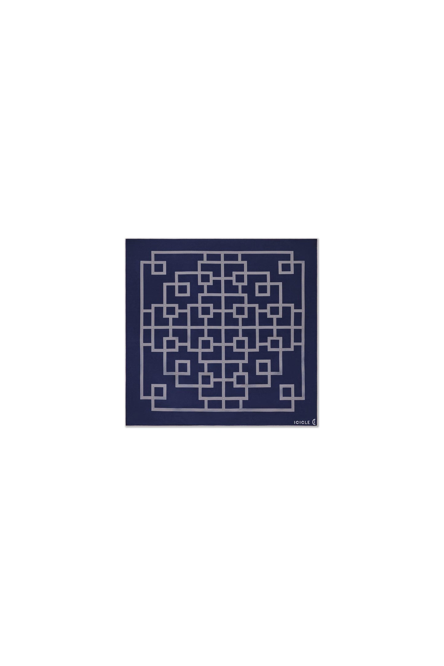 Flat lay view of the scarf fully unfolded, showing the complete geometric composition, regular rhythm of intersecting lines, balanced layout and defined borders across the square format