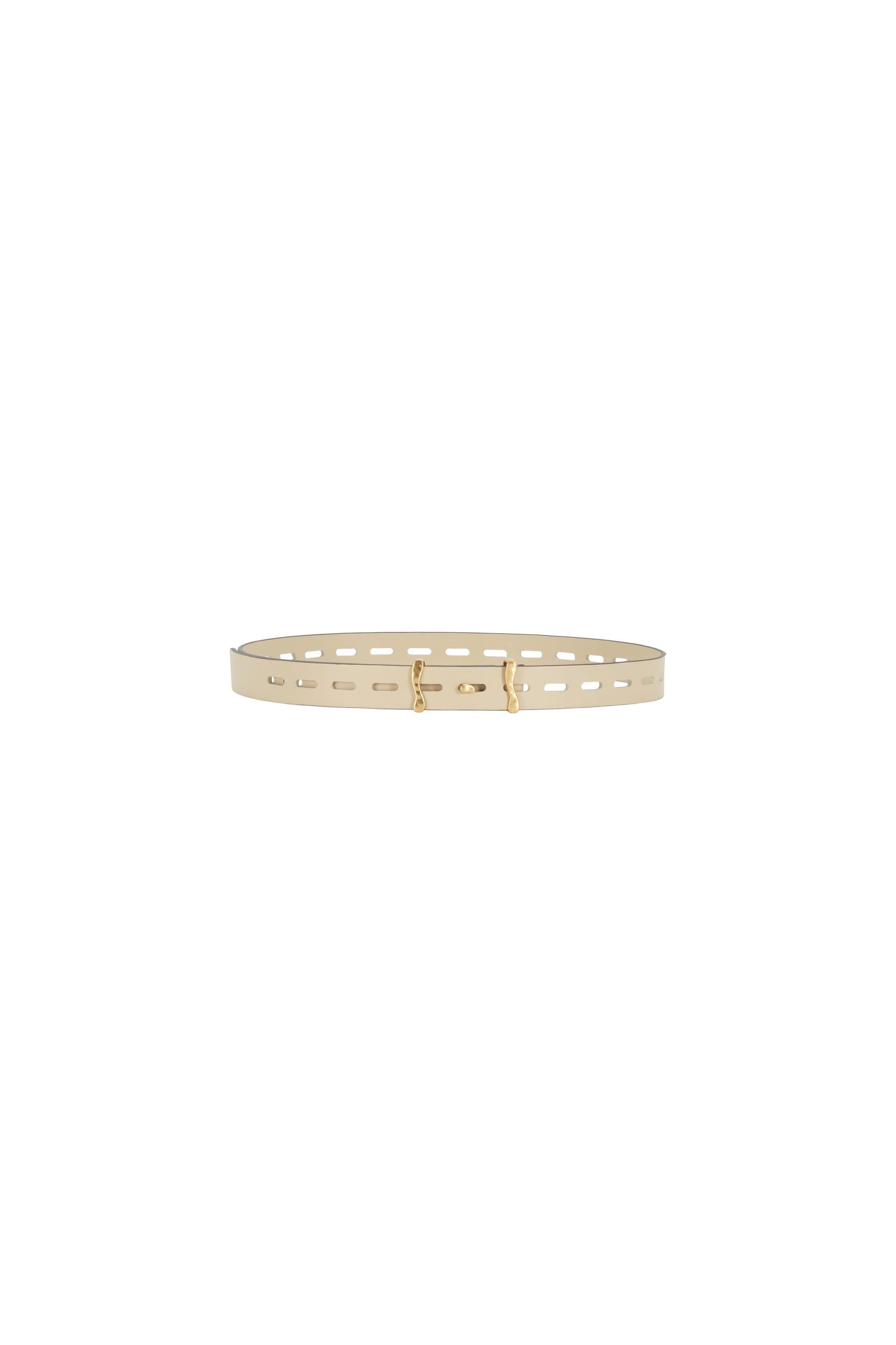 Flat lay product view of the slim light beige calf leather belt placed horizontally, showing the uniform strap width, fine edge finishing, structured yet flexible leather, evenly spaced perforations and the sculptural brass buckle with a matte antique gold finish