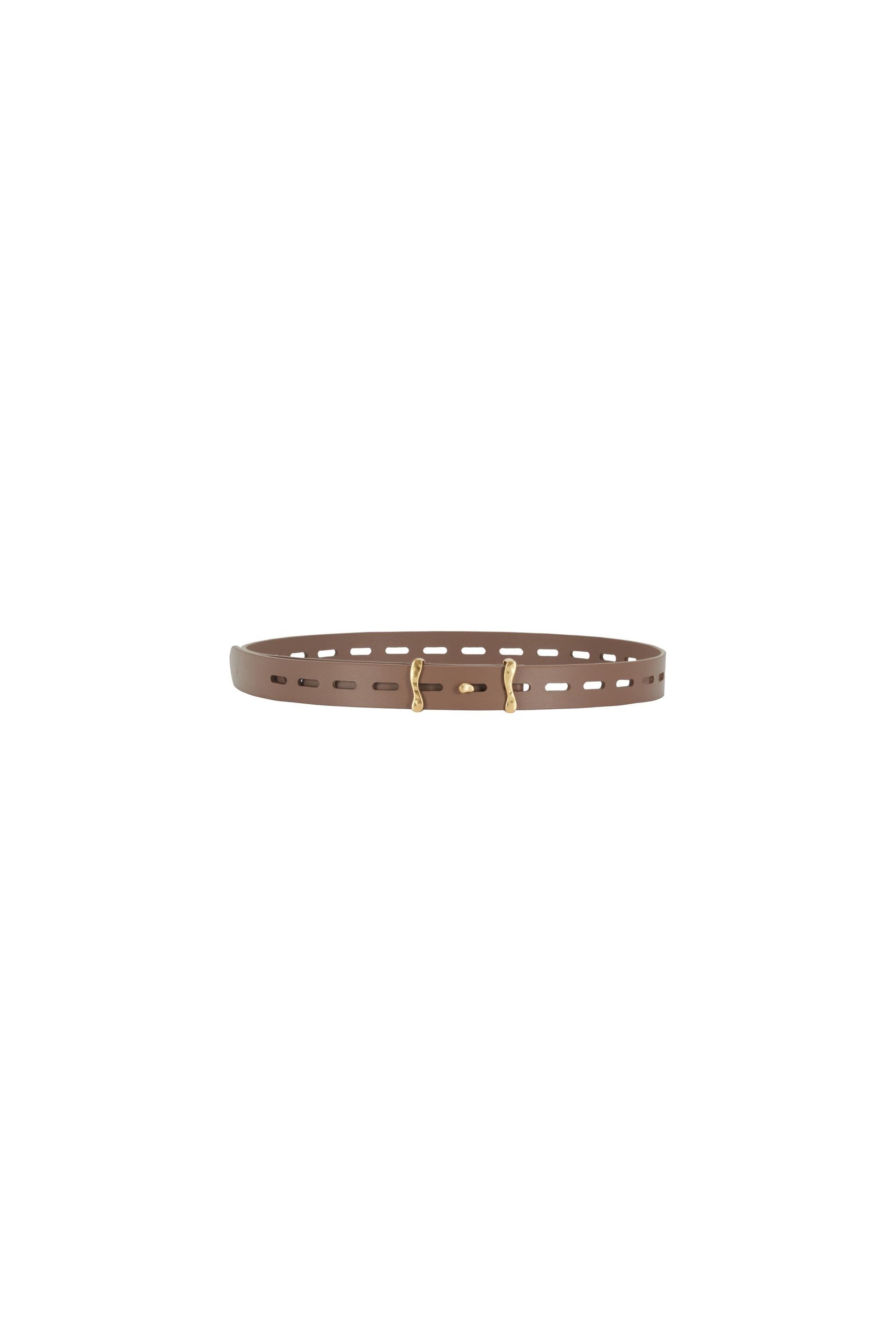 Flat lay product view of the slim brown calf leather belt placed horizontally, highlighting the even strap width, elongated perforations forming a regular linear rhythm, smooth surface with a lightly structured finish, clean edge painting and sculptural antique gold-tone brass buckle