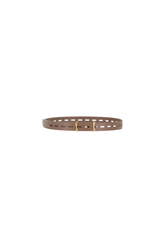 Flat lay product view of the slim brown calf leather belt placed horizontally, highlighting the even strap width, elongated perforations forming a regular linear rhythm, smooth surface with a lightly structured finish, clean edge painting and sculptural antique gold-tone brass buckle