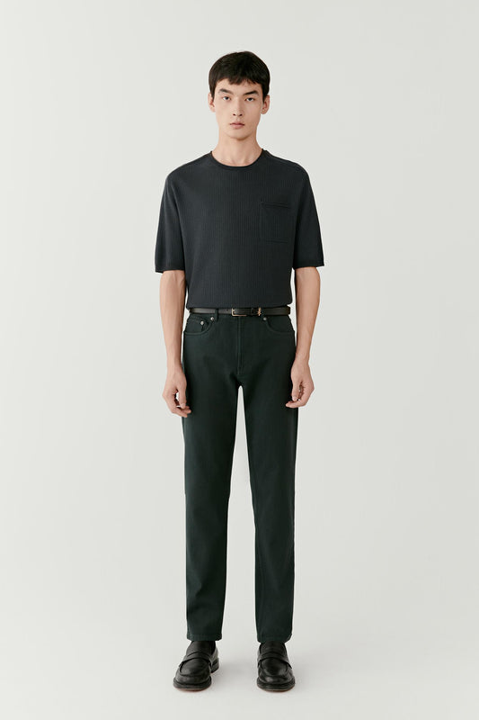 Full-length front view highlighting the straight silhouette, even drape and balanced proportions with matching trousers.