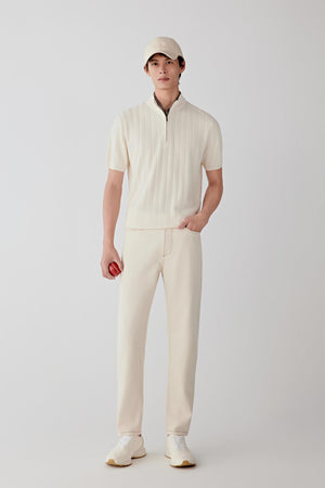 Full-length front view showing the lightweight drape of the silk yarn and the balanced proportions of the body and sleeves.