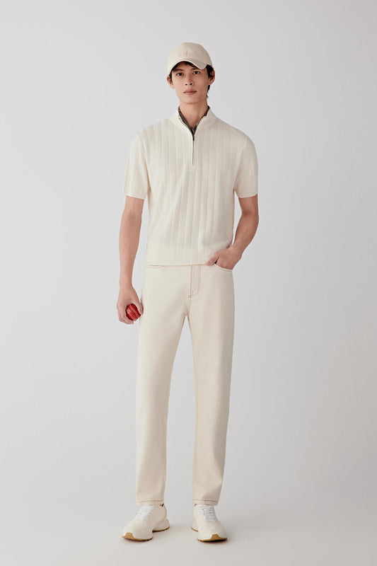 Full-length front view showing the lightweight drape of the silk yarn and the balanced proportions of the body and sleeves.