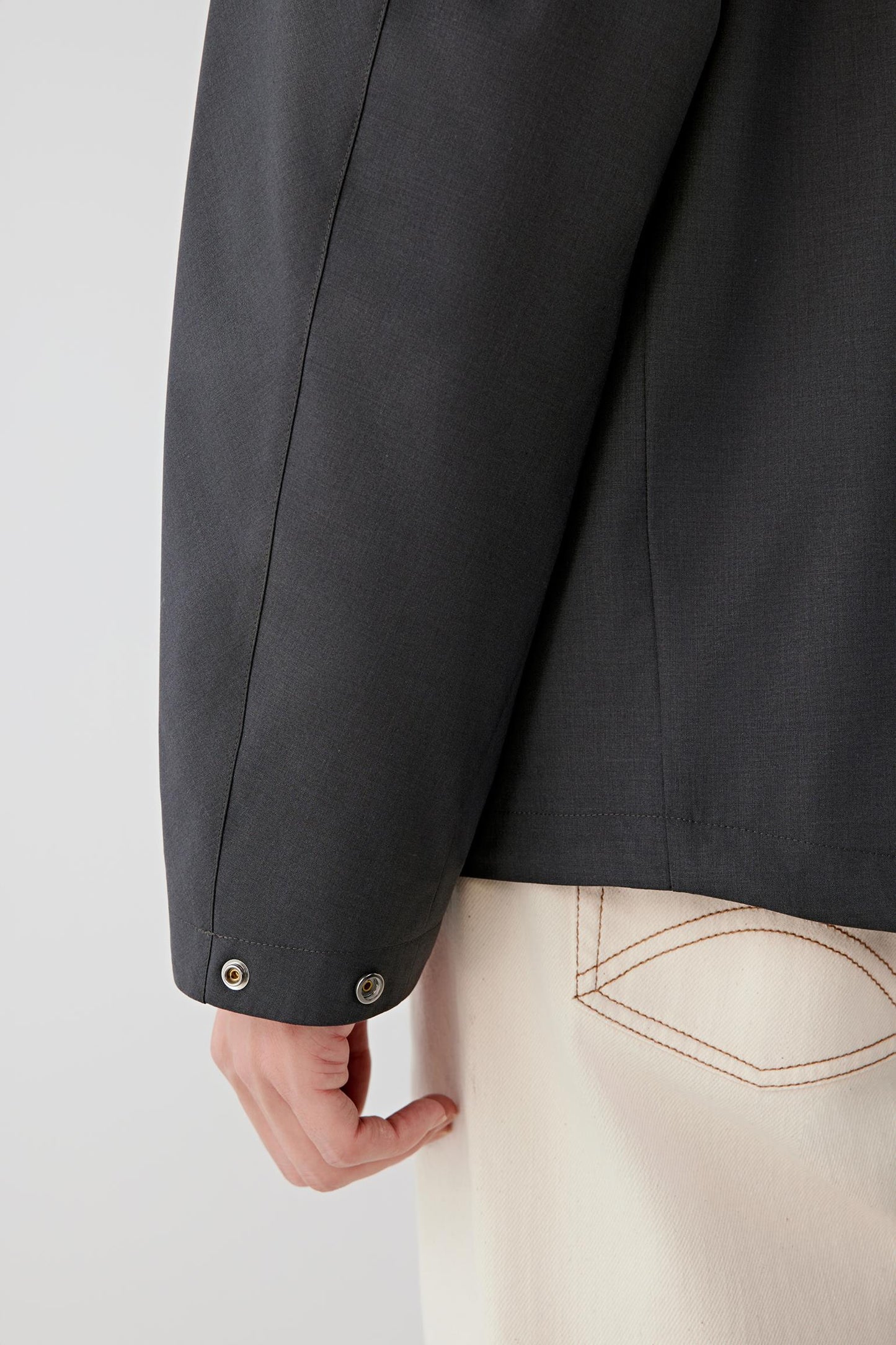 Close-up of the zip fastening and stand collar detail.