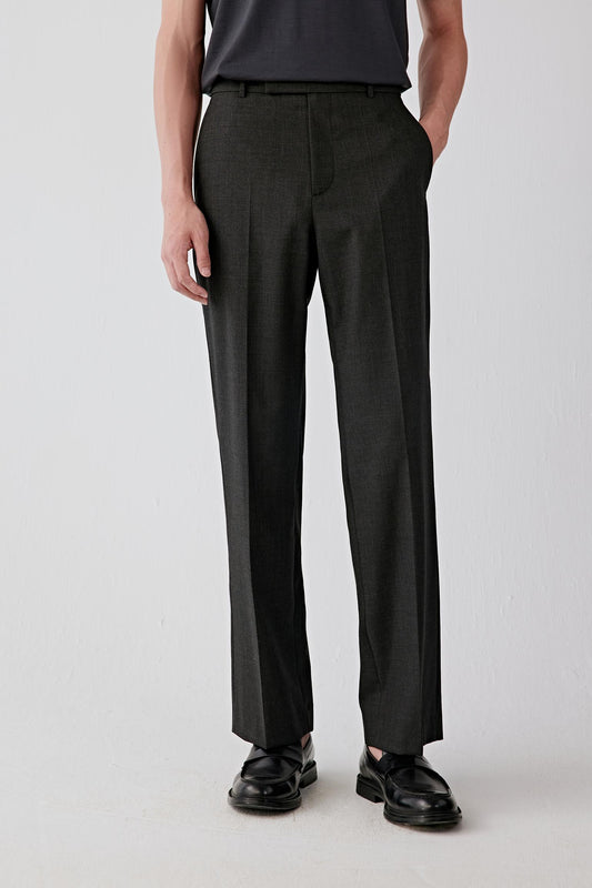 Front view focused from waist to shoes, highlighting the straight-leg cut and smooth fall of the twist wool fabric.