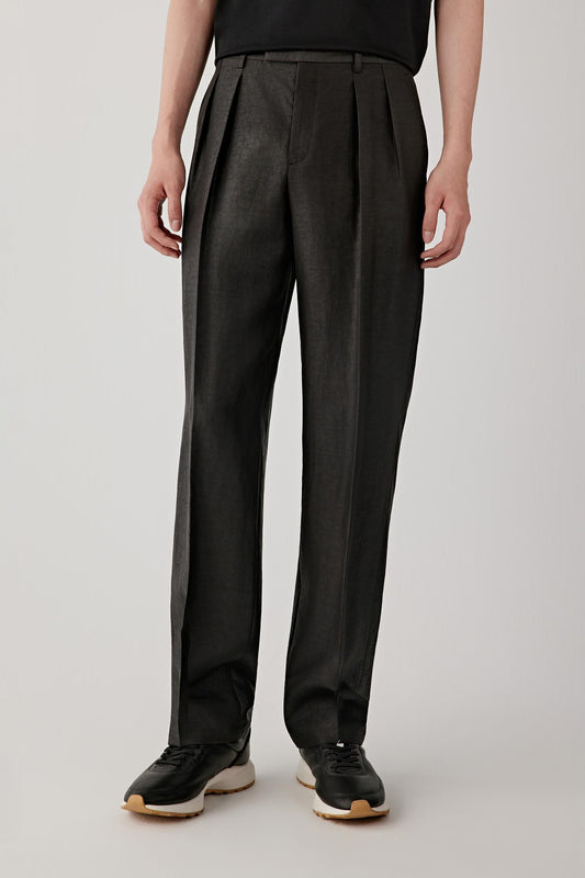 Cropped front view of the trousers highlighting the straight leg cut, clean lines and natural fall from hip to ankle.