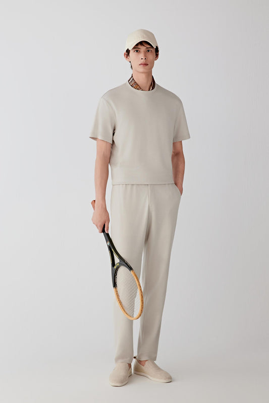 Full-length front view showing the straight cut and balanced proportions of the garment.