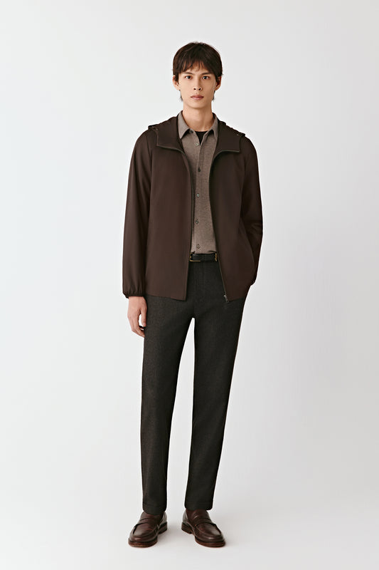 Hooded Jacket in Light Worsted Wool and Silk