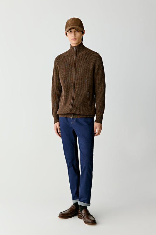 Front view of the brown melange twisted cashmere zip cardigan, featuring a mock neck and ribbed trims.