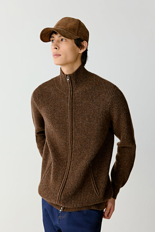 Three-quarter view of the brown cashmere cardigan, showing the soft, dense knit and relaxed silhouette.