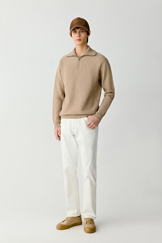 Front view of the natural beige melange cashmere zip pullover, straight fit with polo collar and ribbed trims.
