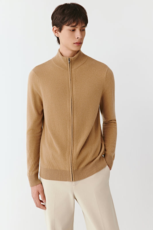 Three-quarter view of the cashmere cardigan, showing the soft texture and neat silhouette.