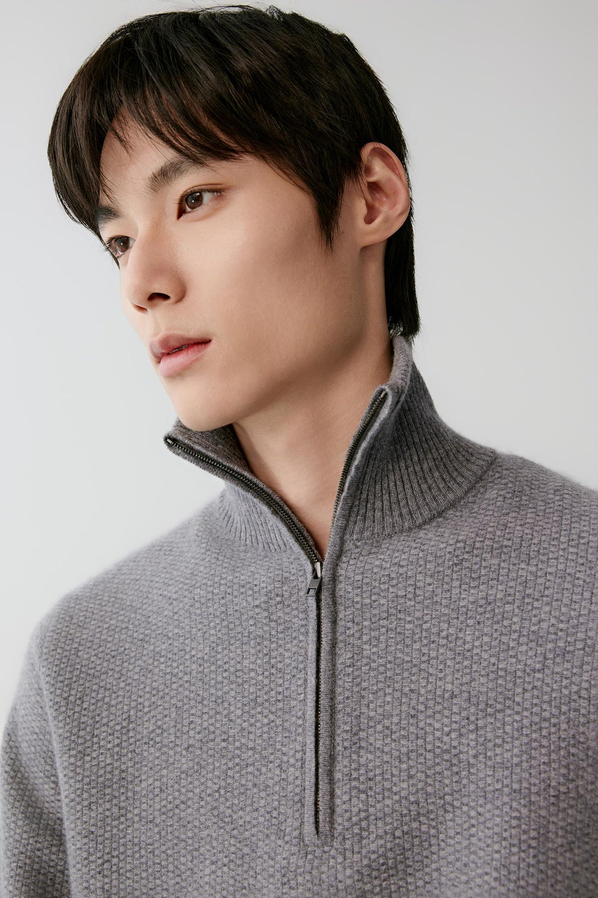 Close-up highlighting the half-zip funnel neck and textured grey cashmere knit.