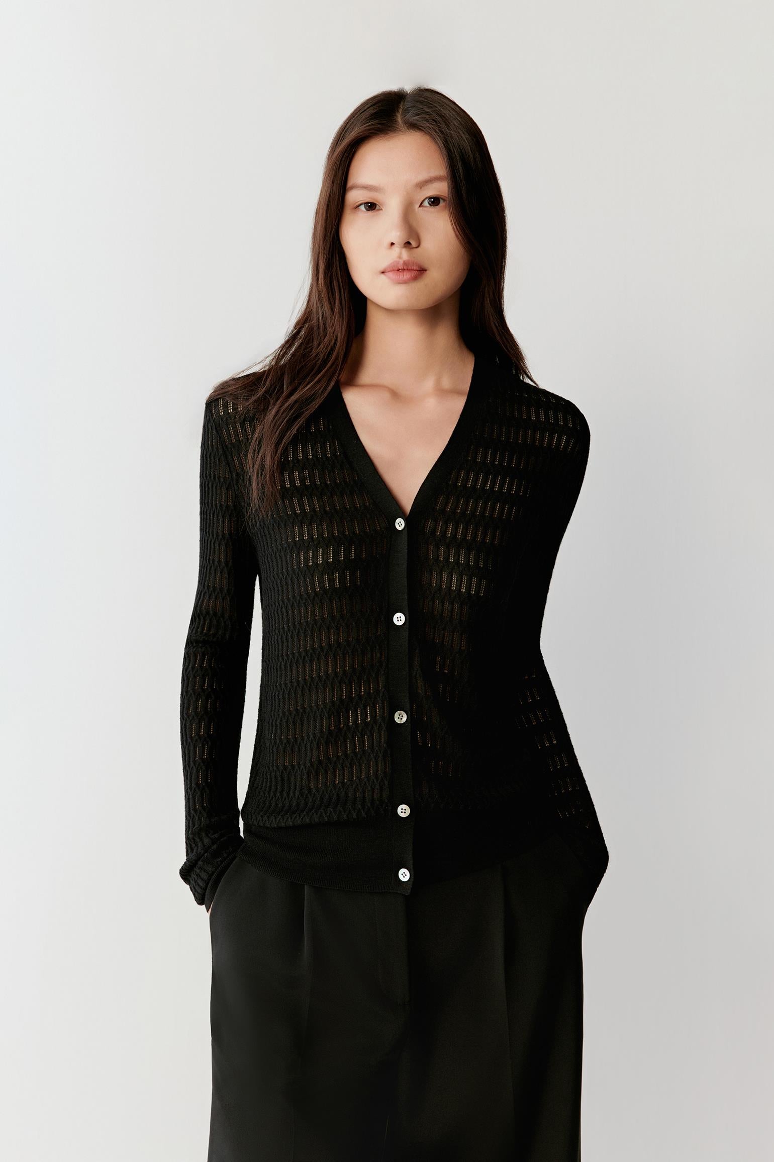 Front view highlighting the fitted silhouette, V-neck and button placket, with the lightweight openwork knit structure visible.
