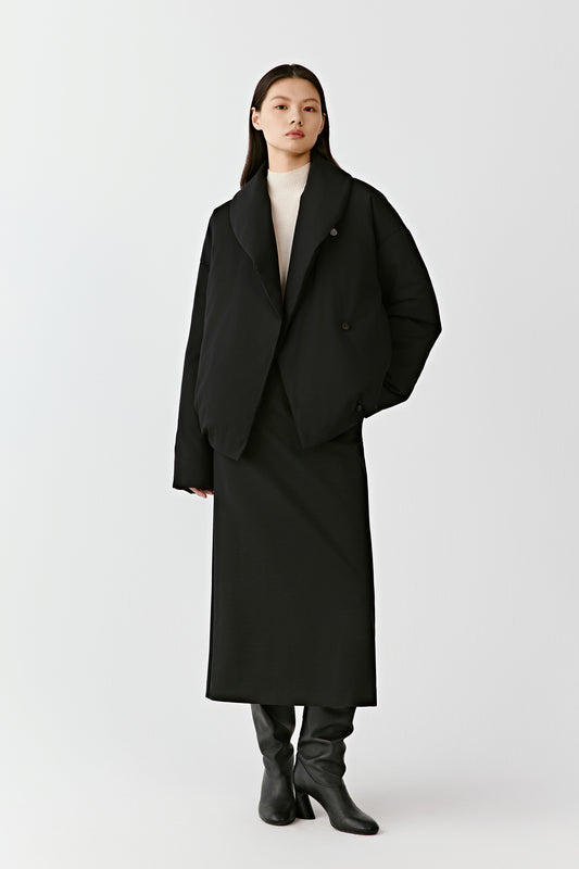 Draped-collar Down Coat in Worsted Wool