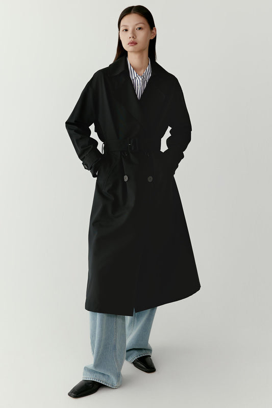 Close-up of the upper part of the coat showing the collar, front closure and matte fabric texture.