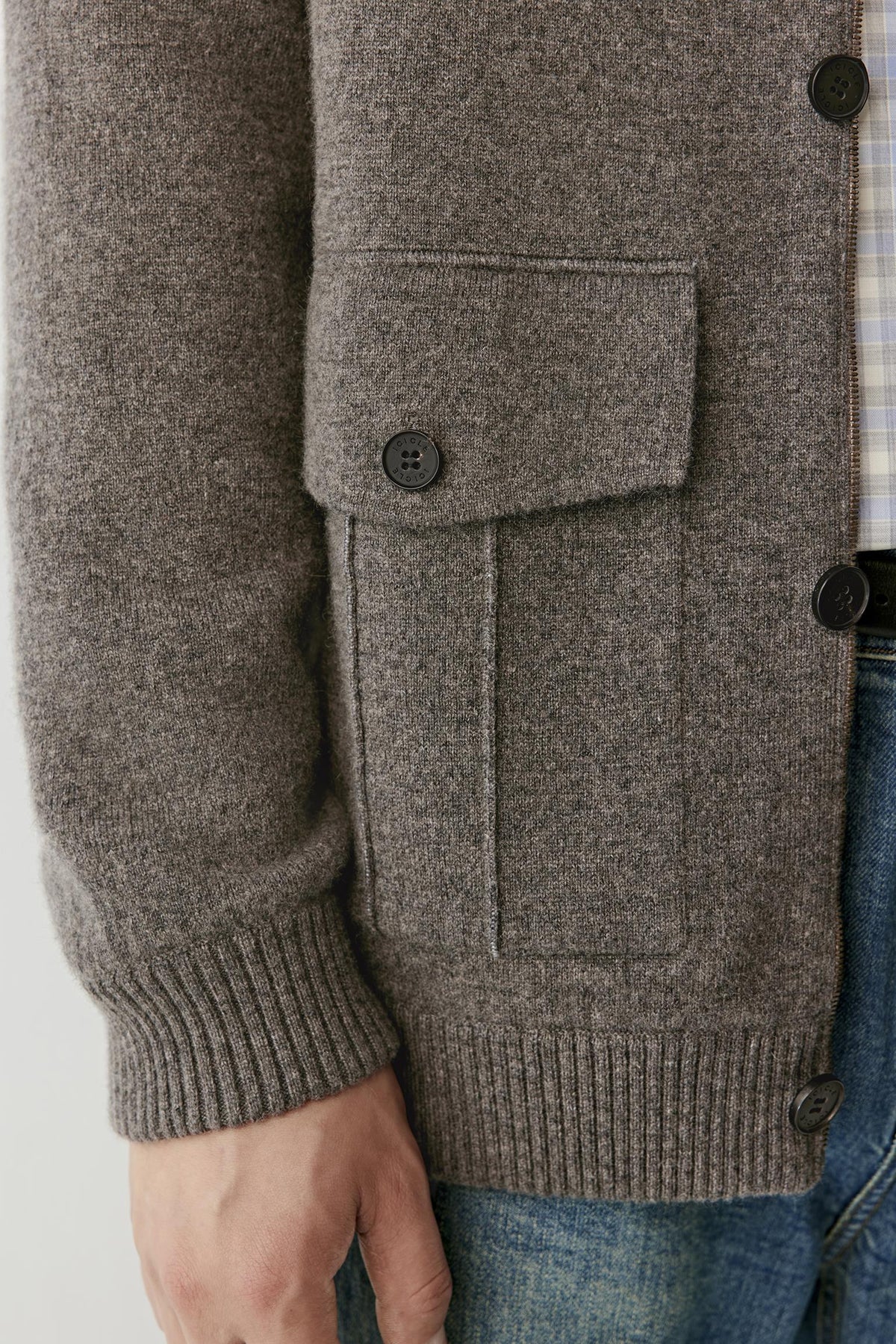 Close-up highlighting the flap patch pocket, buttons and brown melange cashmere knit.