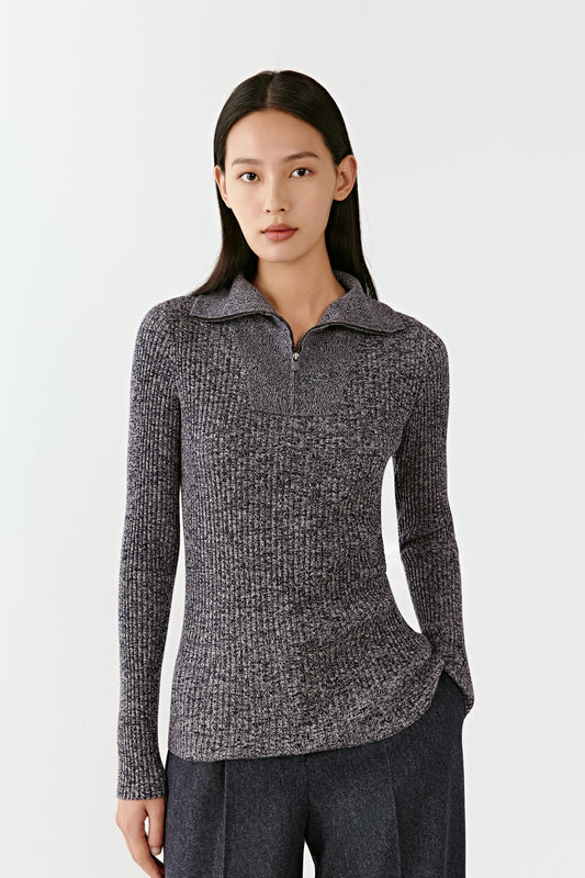 Pull à col zippé en laine peignée torsadée
