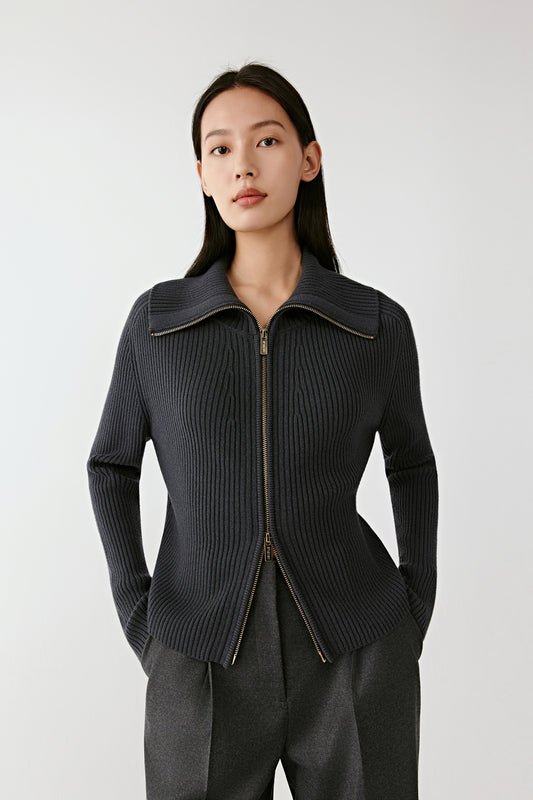 Front view of the blue ribbed semi-worsted wool zip cardigan, featuring a convertible collar and straight silhouette.