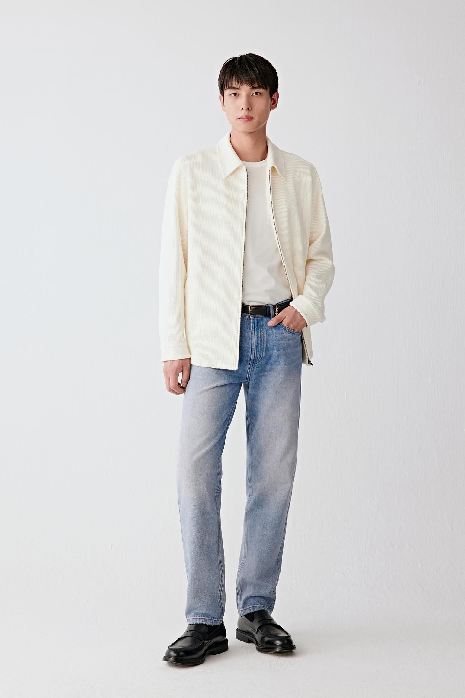 Front view of a ribbed stretch cotton jacket with zip fastening, clean lines and relaxed fit.