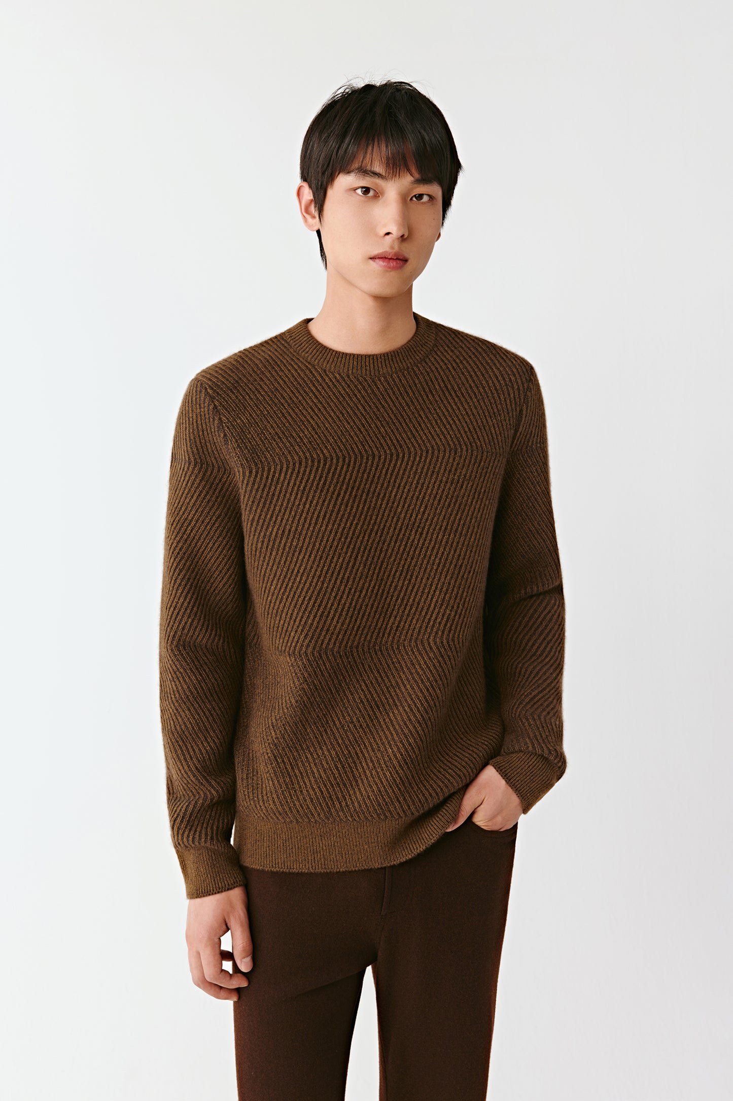 Man wearing a brown sweater against a white background