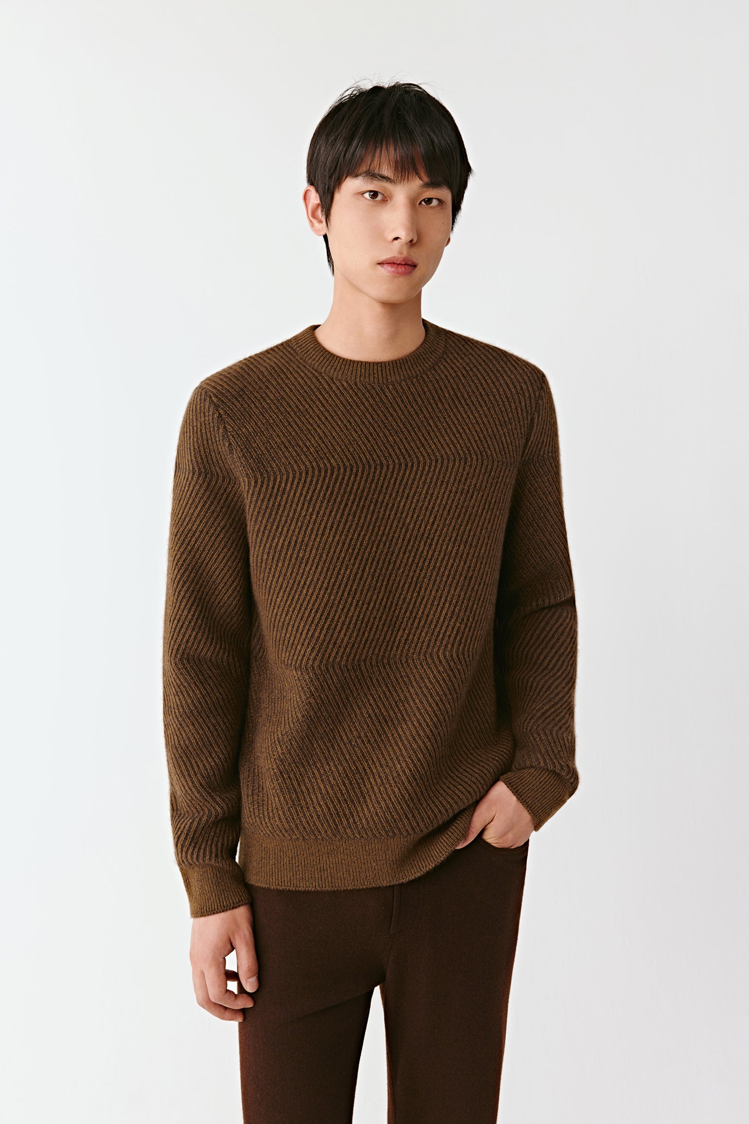 Man wearing a brown sweater against a white background