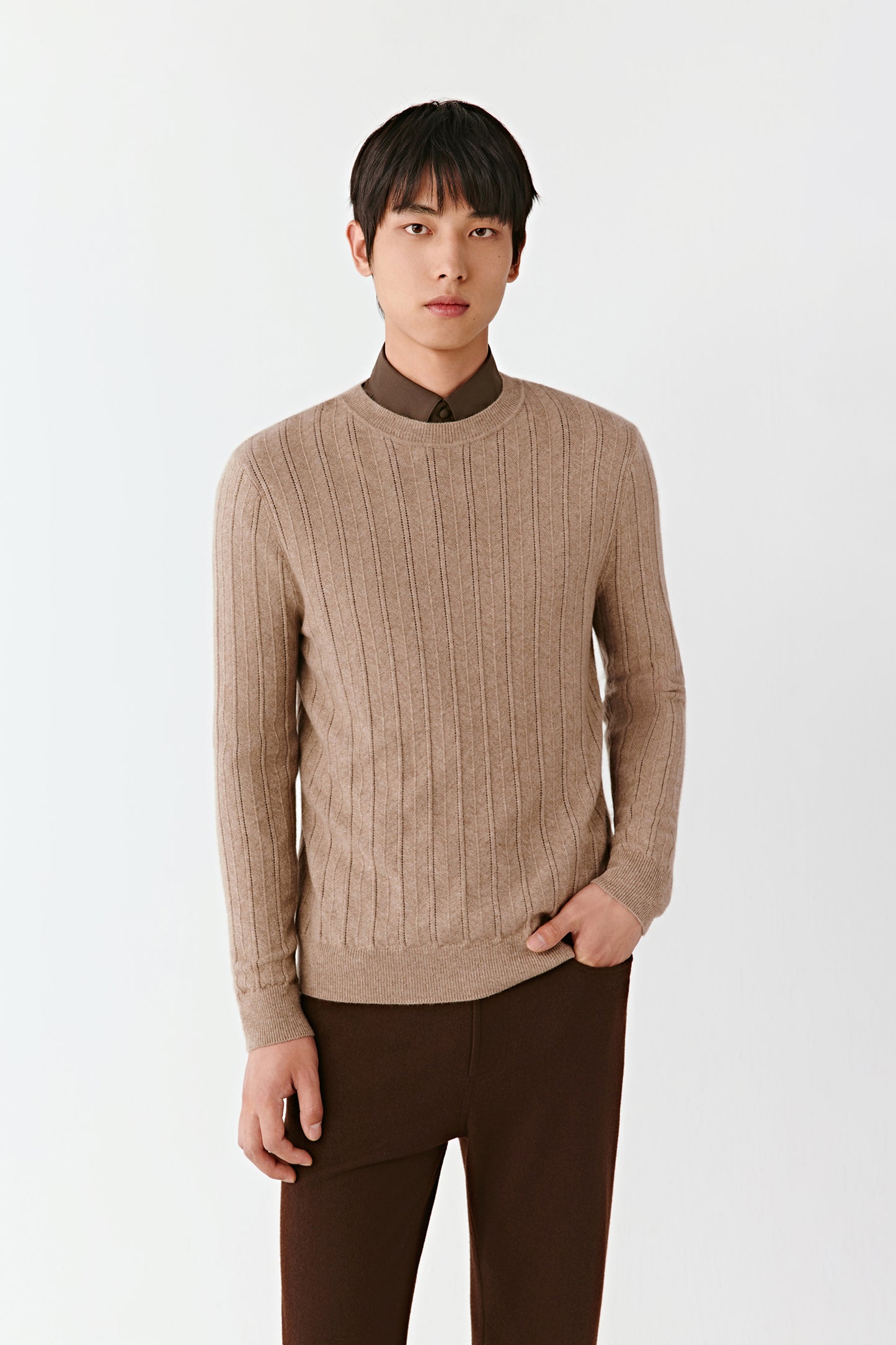 Man wearing a beige sweater and brown pants on a white background