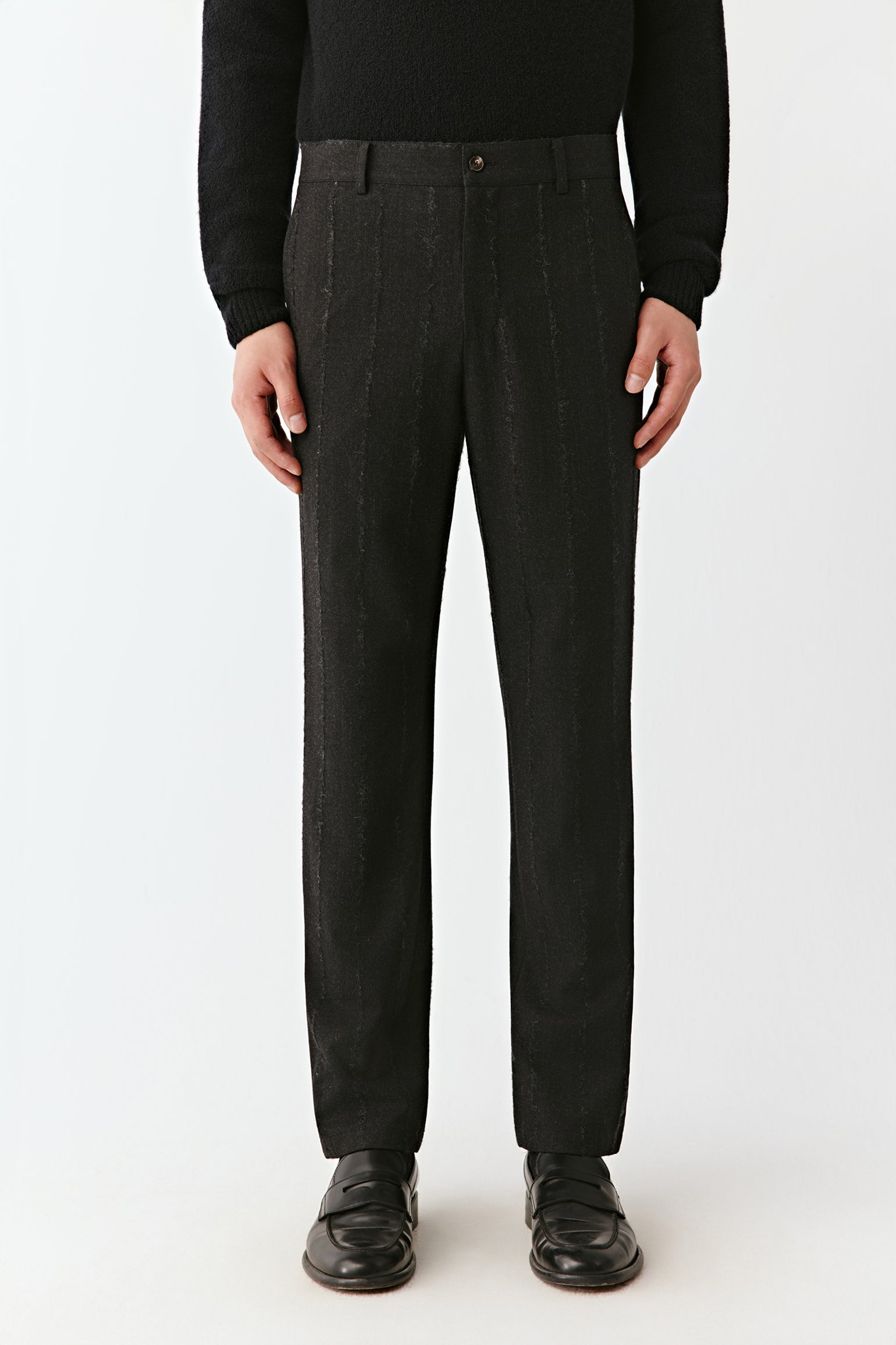 Front view from waist to ankle showing the pinstripe pattern and pressed creases.