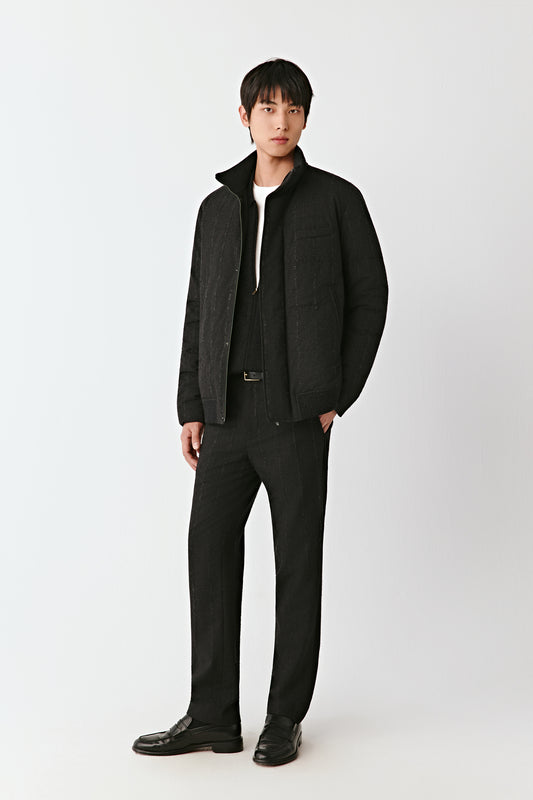 Full-length front view of a dark striped stretch wool down coat with a concealed zip fastening and stand collar.