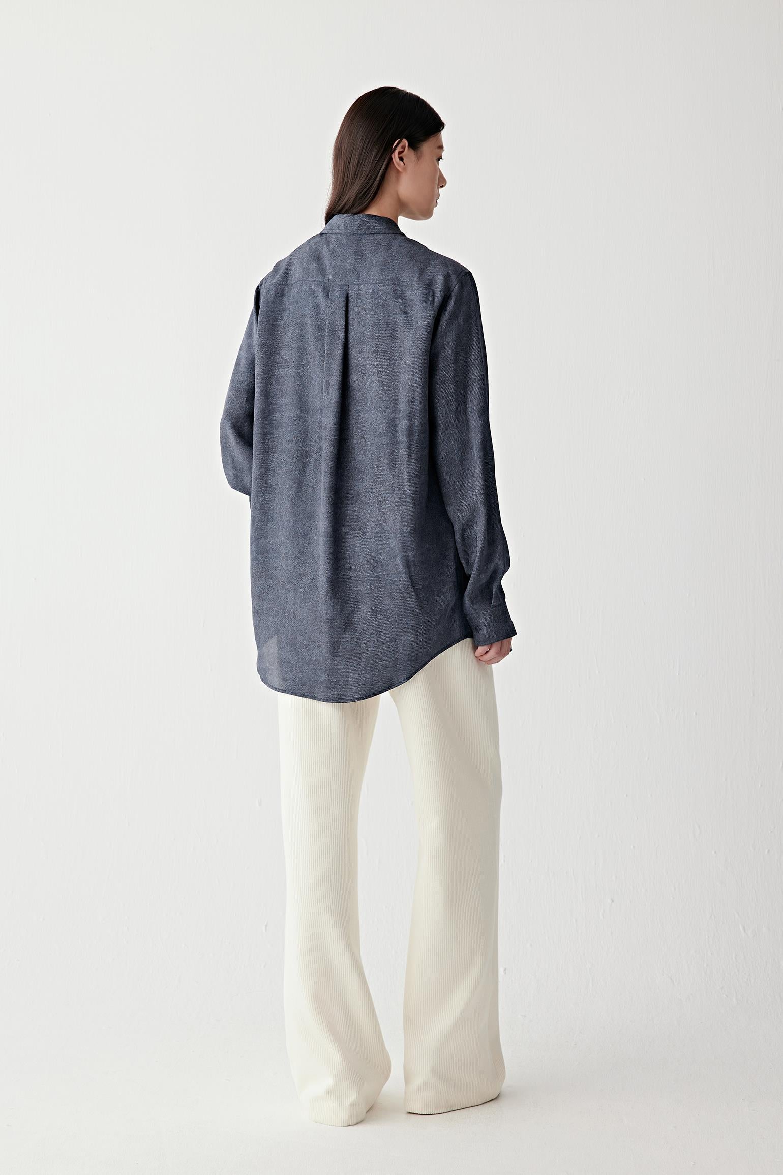 Full-length back view highlighting the clean rear construction, straight silhouette and fluid drape through the lightweight silk twill fabric