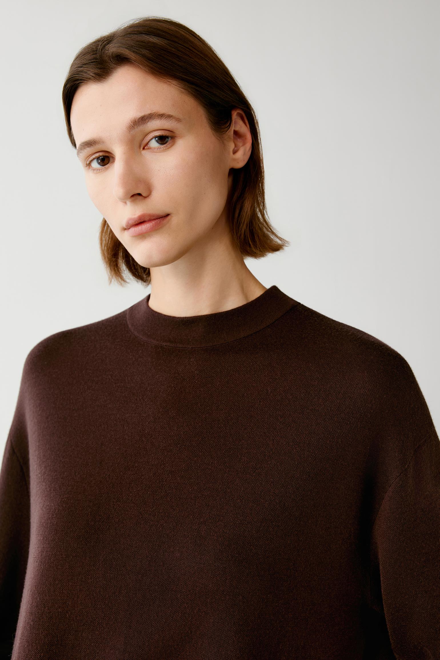 A woman with short brown hair wearing a dark brown crew-neck knit sweater, photographed against a plain light gray studio background.
