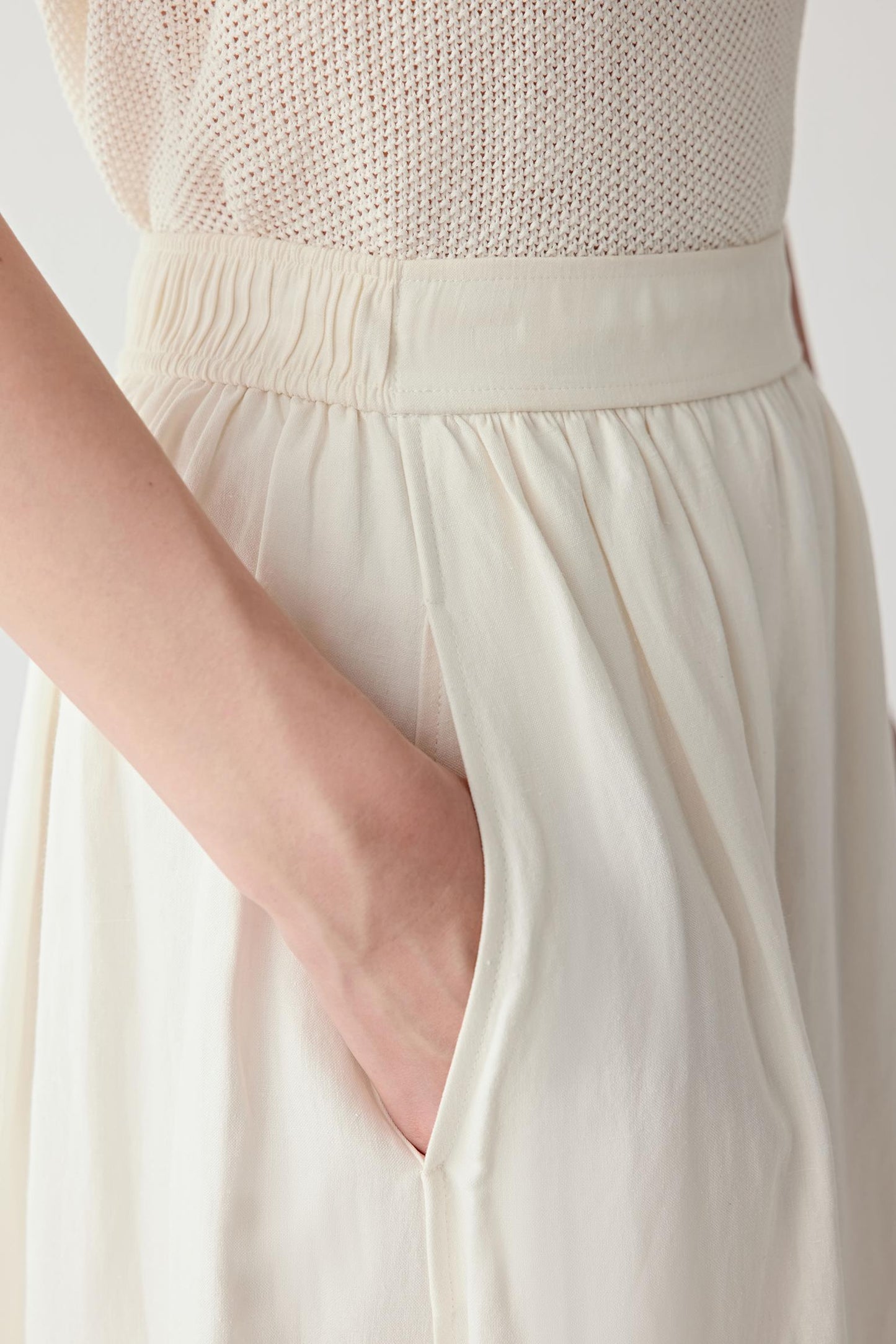 Close-up of waistband showing gathered construction, elastic detail and stitching