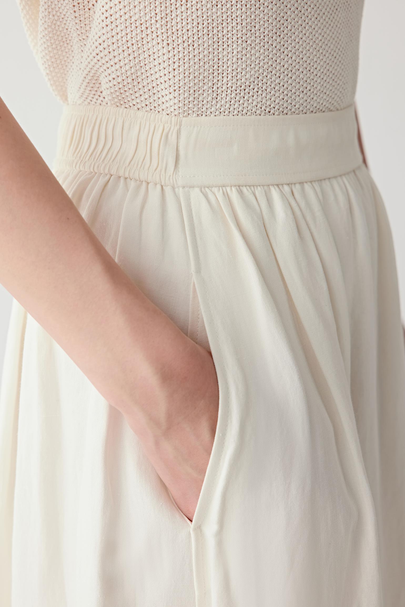 Close-up of waistband showing gathered construction, elastic detail and stitching