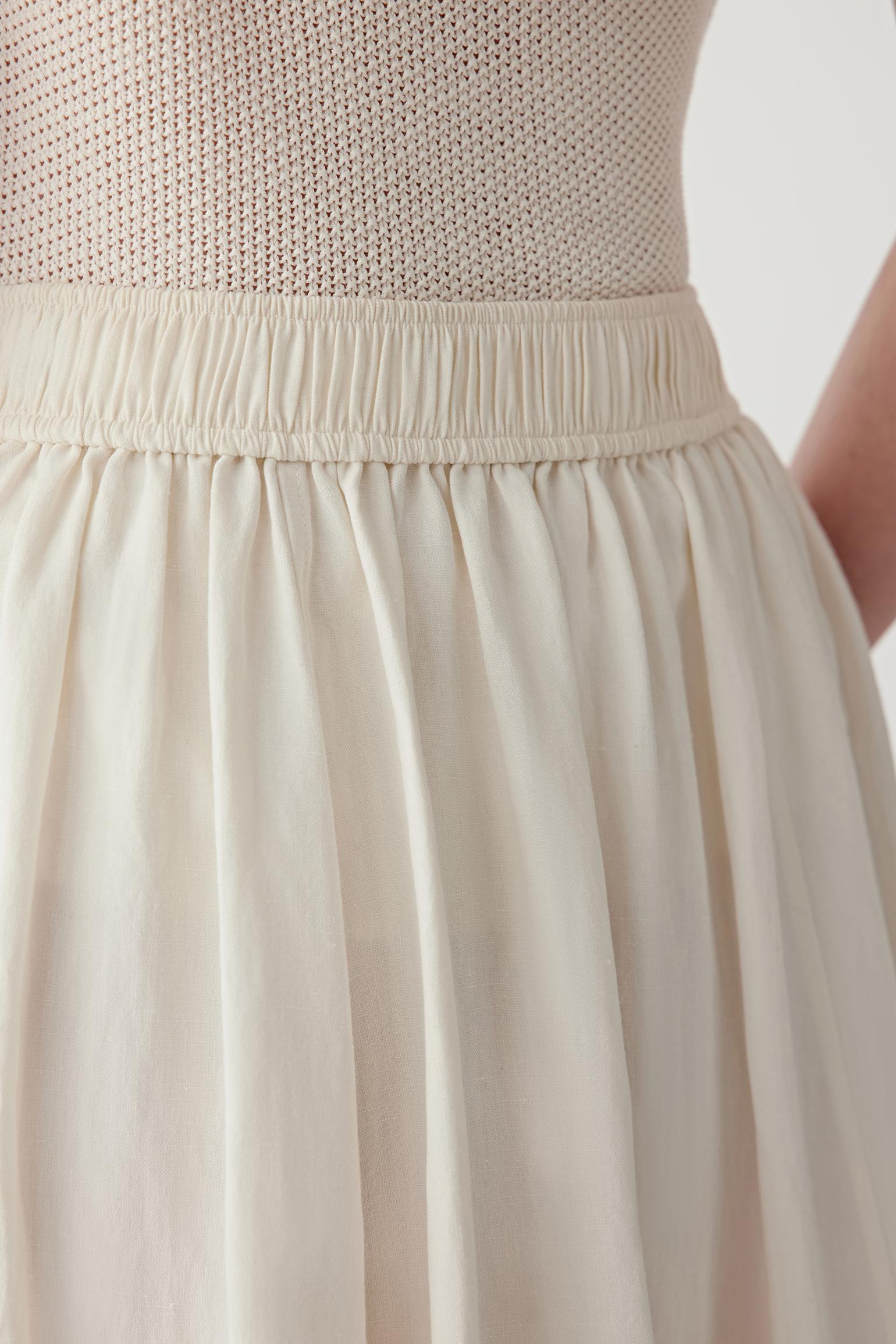 Close-up of fabric showing slightly textured silk-linen blend, matte surface and airy weave