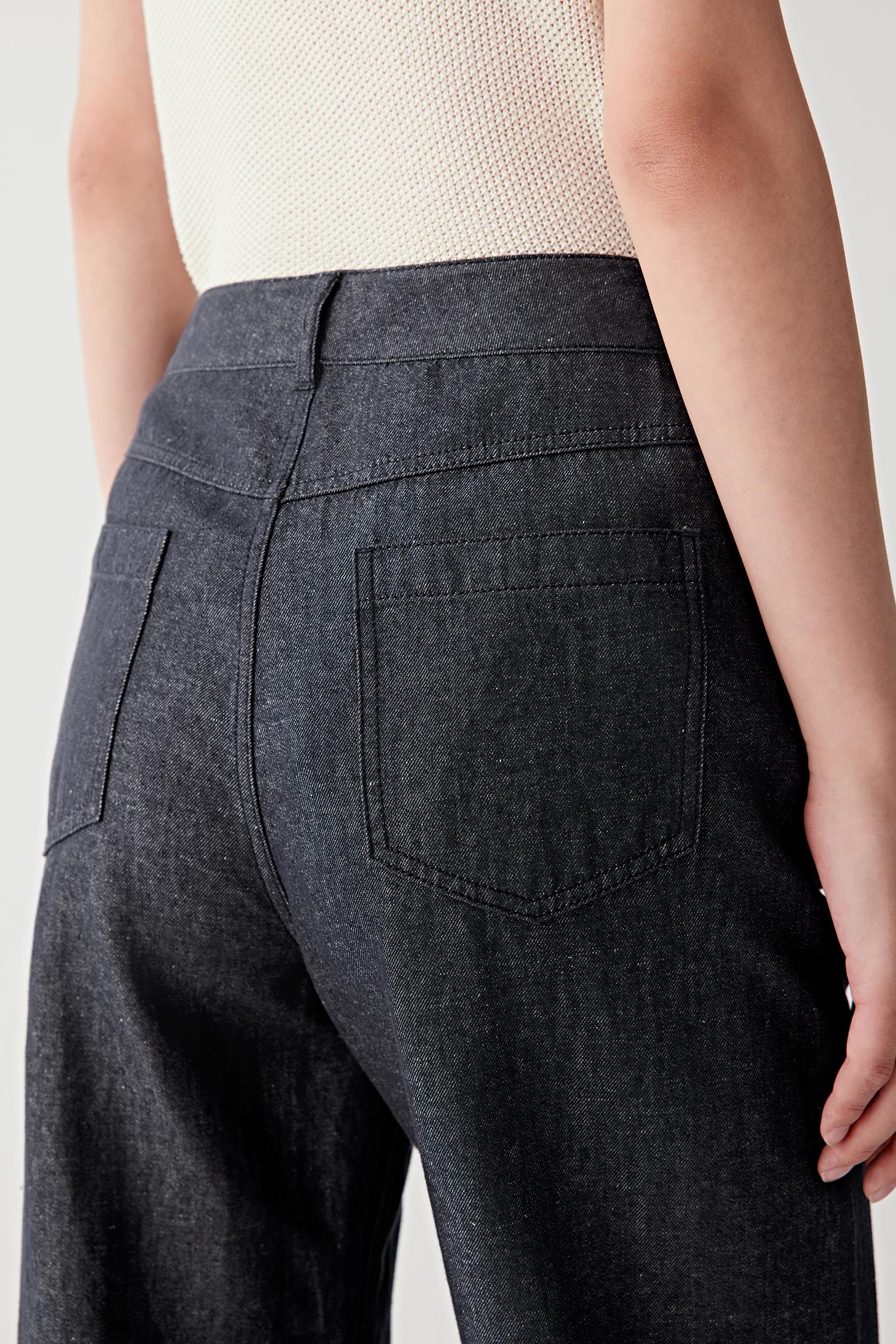 Close-up of the back pocket and seat area, showing pocket placement, seam lines and the grain of the twill fabric, emphasizing its density, matte finish and natural texture